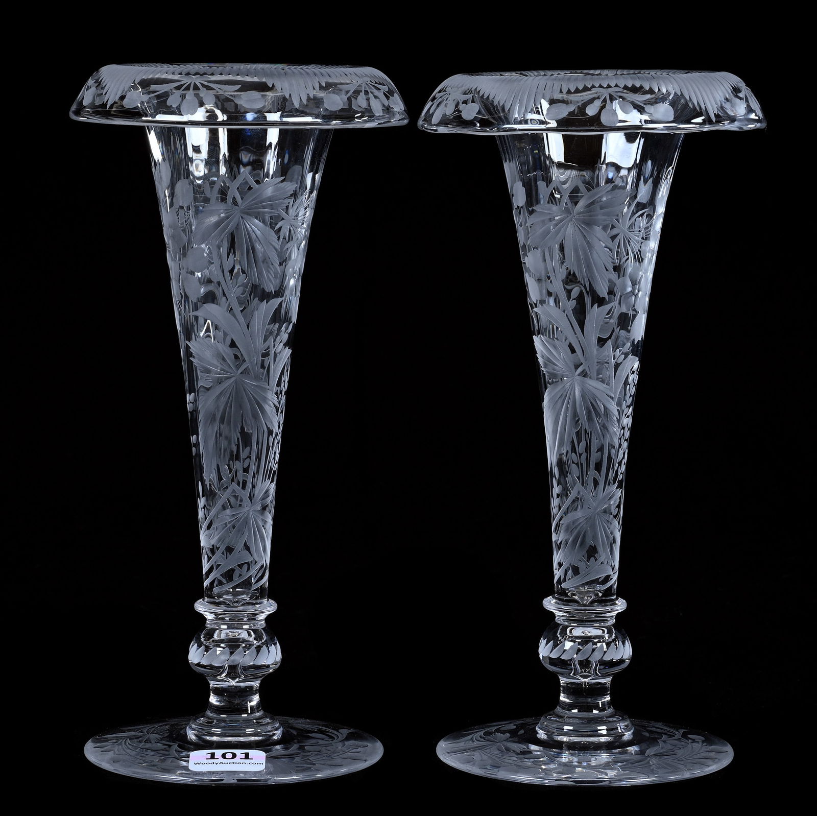 Pair Trumpet Vases, American Brilliant Cut Glass, Signed Libbey, Nicely Engraved Wild Floral Decor (1 of 3)
