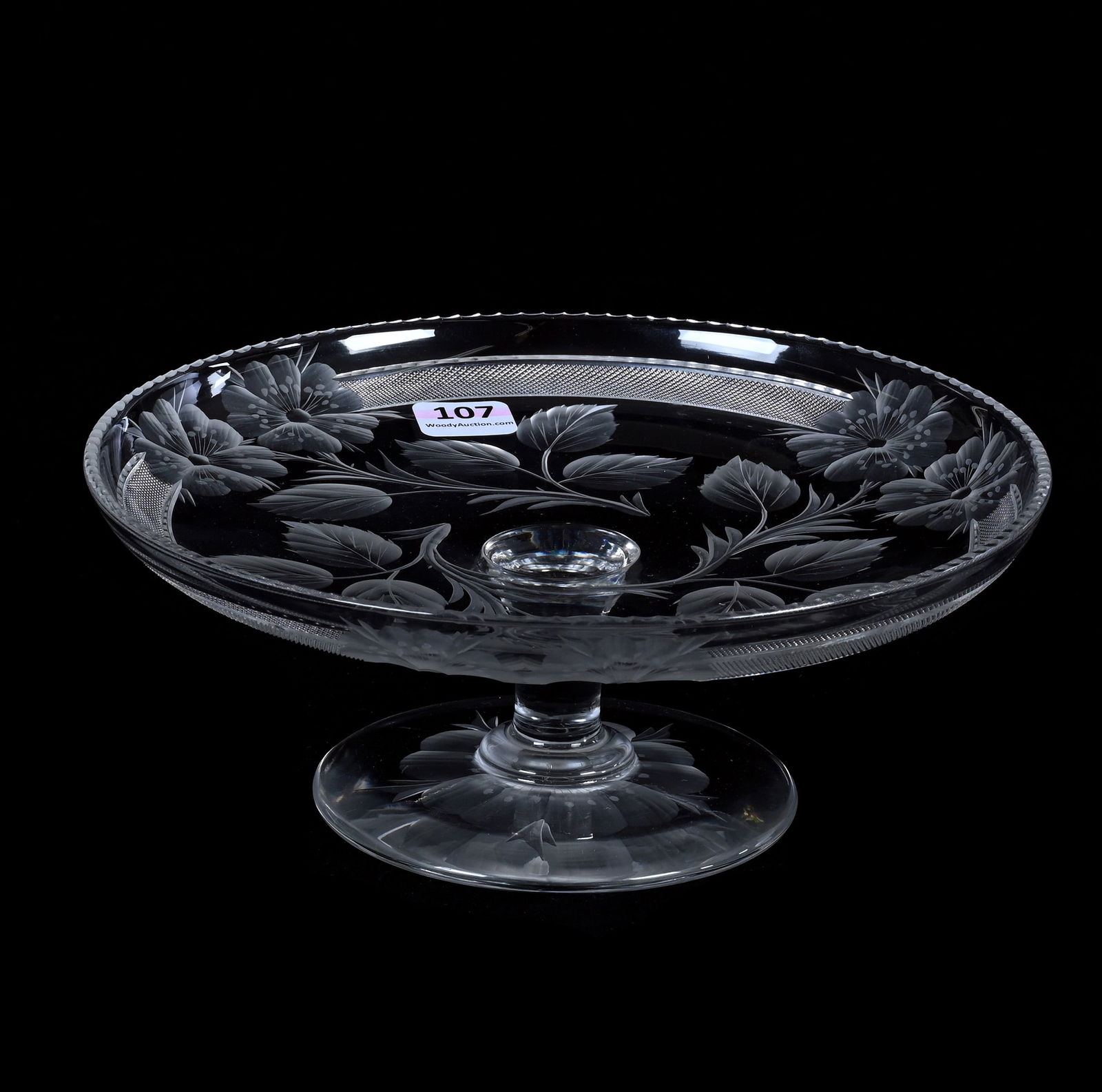 Pedestal Pastry Tray, American Brilliant Cut Glass, Signed Tuthill Rosemere Pattern: Pedestal Pastry Tray, American Brilliant Cut Glass, Signed Tuthill Rosemere Pattern, 3.25 x 8 x 8 Inches, Pattern Engraved Foot, 1.8 Pounds, Dr. Harold & Audrey Eklund Estate, Iowa.