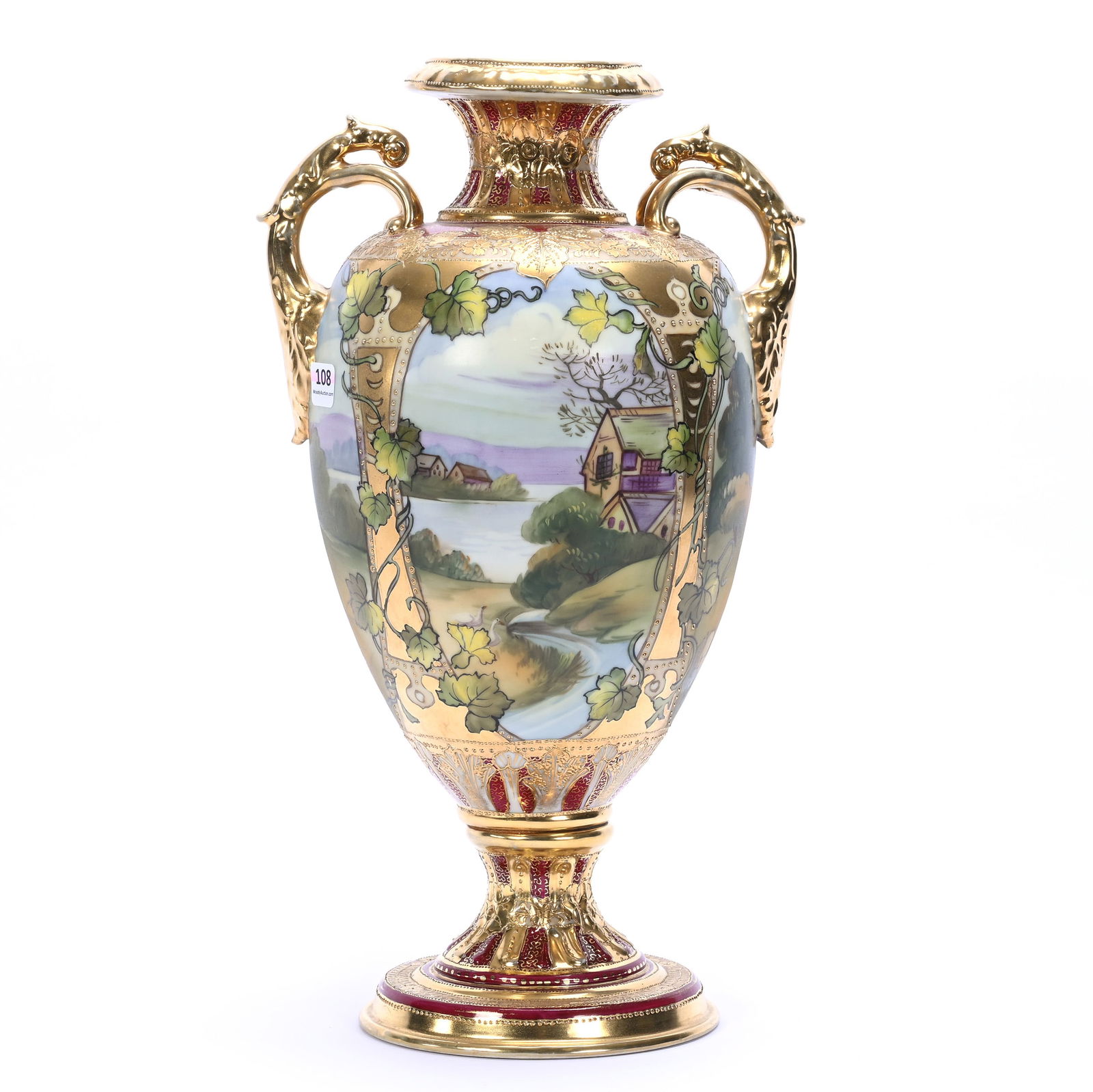 Pedestal Urn, Two Handles, Marked Nippon: Pedestal Urn, Two Handles, Marked Nippon, 15.75 x 8.75 x 7 Inches, Four Scenic Hand Painted Panels With Maroon & Gold Border, Ivy Highlights, 5.7 Pounds, Dr. Harold & Audrey Eklund Estate, Iowa.