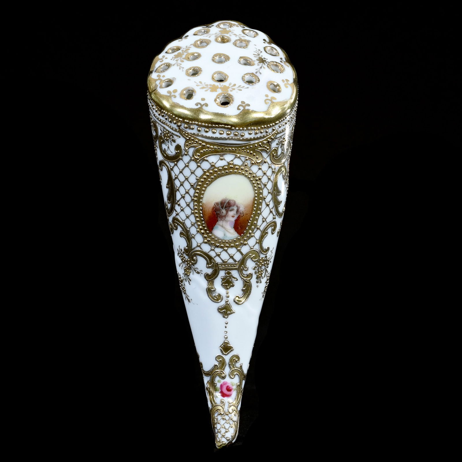 Cornucopia Hatpin Holder Marked Nippon: Cornucopia Hatpin Holder Marked Nippon, 6.75 x 2.5 x 2 Inches, White With Medallion Portrait Of Young Woman, Heavy Gold Highlights, Mark Is Faint, 0.3 Pounds, Dr. Harold & Audrey Eklund Estate, Iowa.