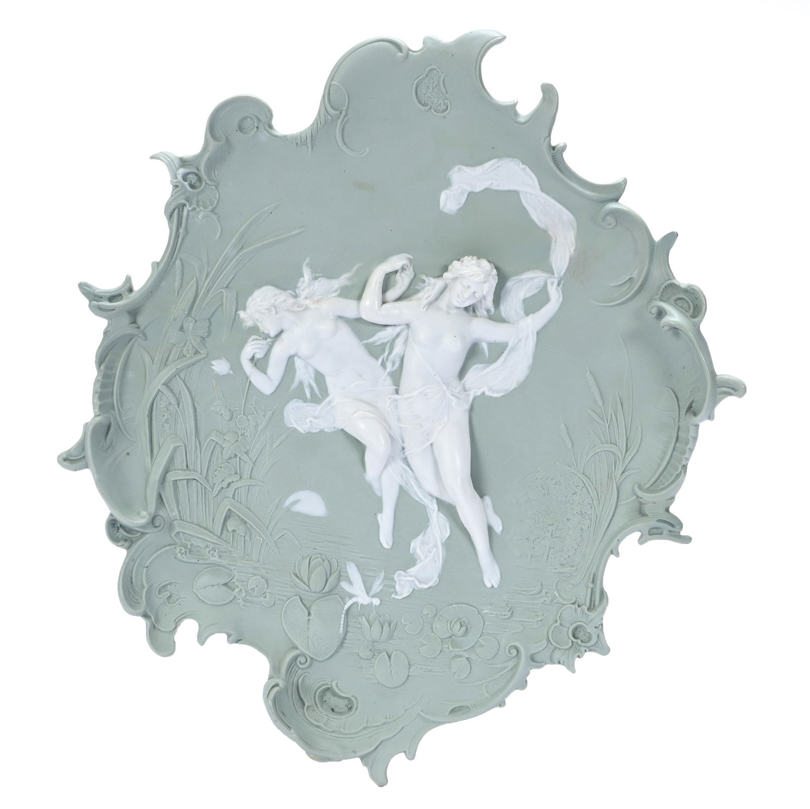 Art Nouveau Jasperware Embossed Wall Plaque: Art Nouveau Jasperware Embossed Wall Plaque, 2 x 13.75 x 12 Inches, Two Women Among Waterlilies & Cattails, Elaborate Form, 2.5 Pounds, Dr. Harold & Audrey Eklund Estate, Iowa.