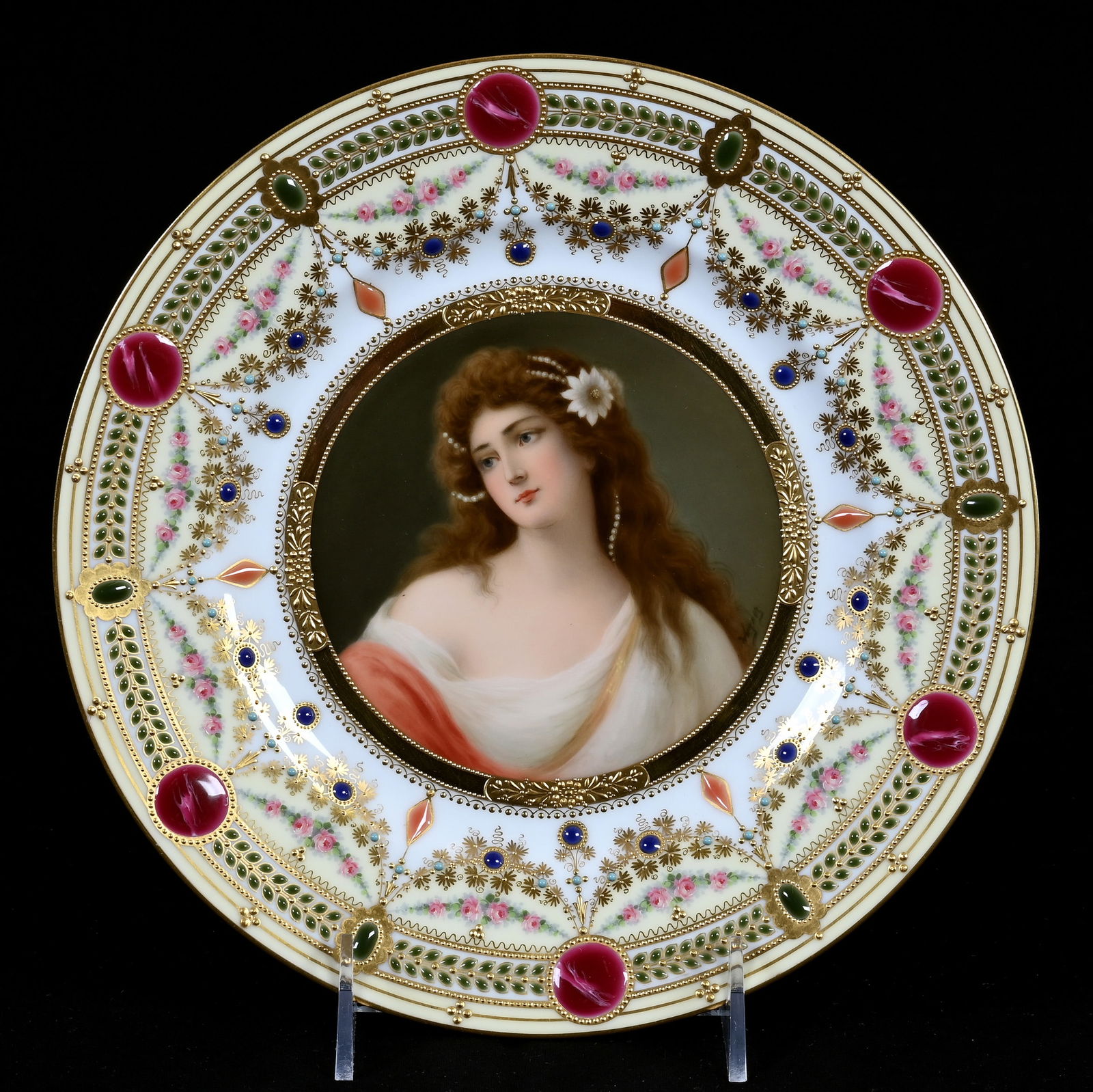 Dresden Hand Painted Plate With Portrait, Artist Signed Wagner: Dresden Hand Painted Plate With Portrait, Artist Signed Wagner, 1 x 9.25 x 9.25 Inches, Young Woman Titled "Mercedes", Yellow & White Border, Maroon Enamel Medallions, Other Colorful Enamel