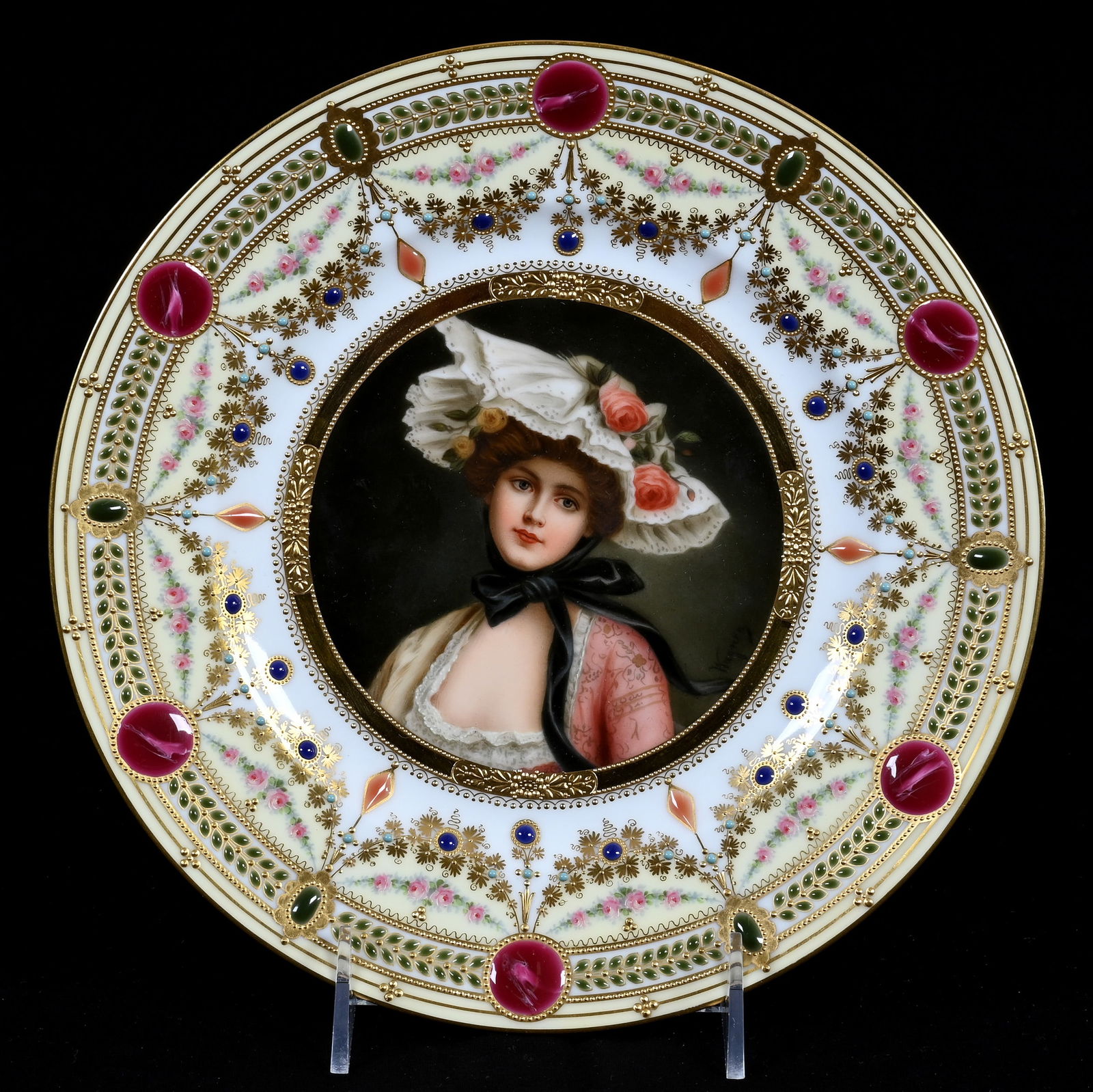 Dresden Hand Painted Plate With Portrait, Artist Signed Wagner: Dresden Hand Painted Plate With Portrait, Artist Signed Wagner, 1 x 9.25 x 9.25 Inches, Young Woman Titled "Konig in Der Rosen" (Queen Of Roses), Yellow And White Border, Maroon Enamel Medallions,