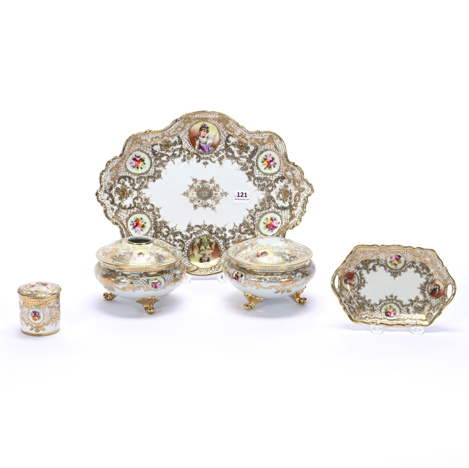 Dresser Set, Four Piece, Marked Nippon: Dresser Set, Four Piece, Marked Nippon, 3.75 x 12 x 9 Inches, White With Portrait & Floral Medallions, Extensive Gold Enamel Highlights, Set Includes Dresser Tray, Footed Powder Box & Hair Receiver, R