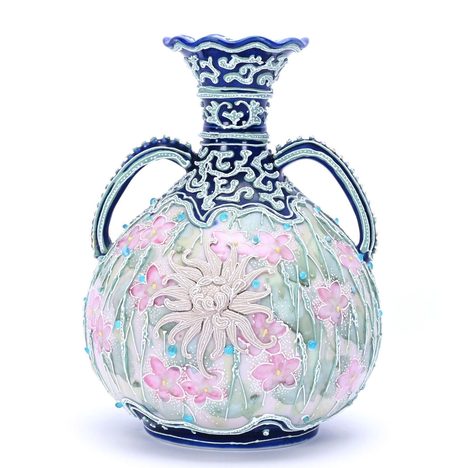 Vase, Two Handles, Unmarked Nippon: Vase, Two Handles, Unmarked Nippon, 6.75 x 5.25 x 5.25 Inches, Green And Pink Tones, Cobalt Blue Border, Extensive Moriaga Overlay, Some Repair To Moriaga On Handles, 1.1 Pounds, Dr. Harold & Audrey E