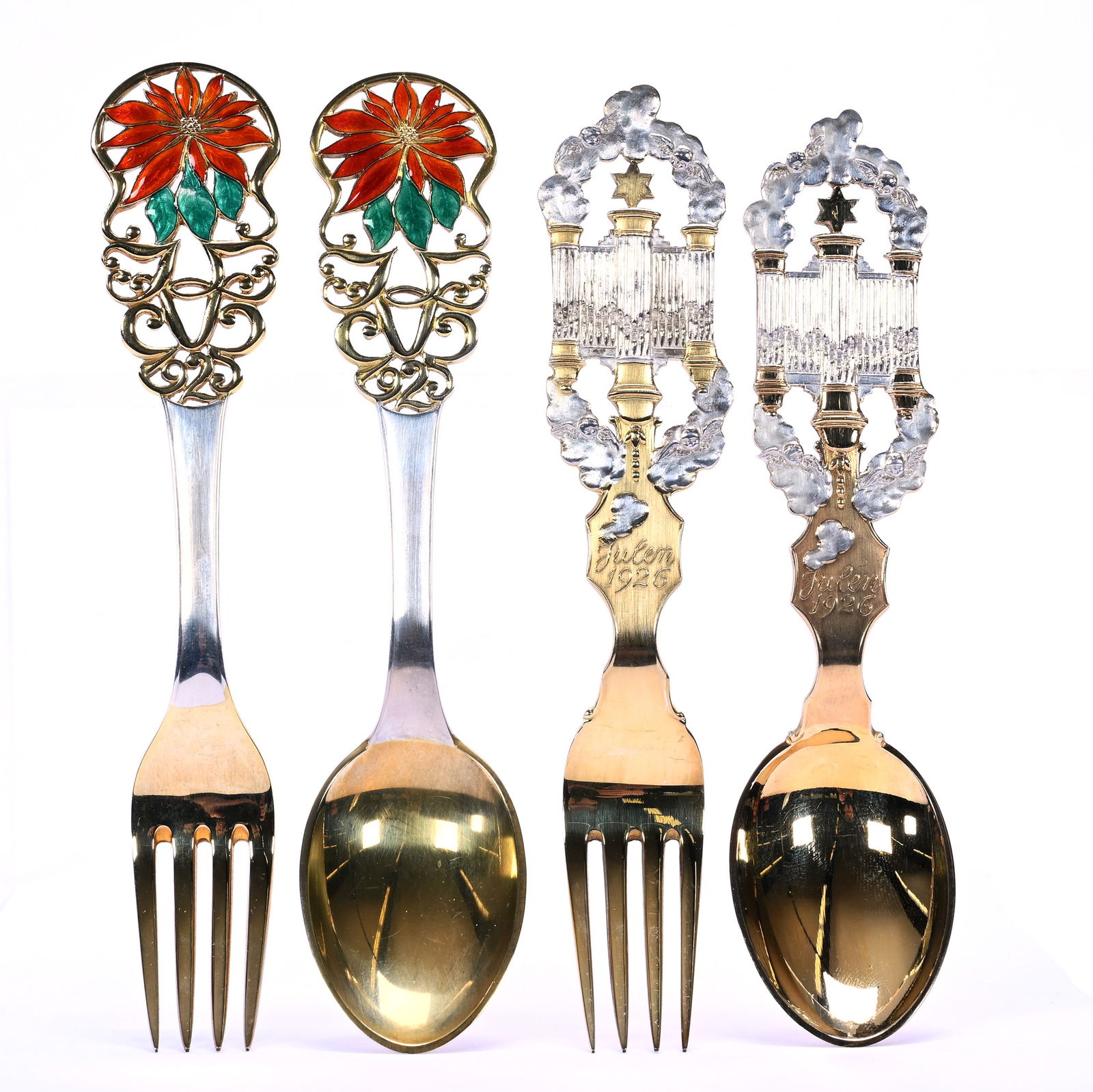 Sterling Silver 1925 & 1926 Christmas Fork & Spoon Sets Marked A Michelsen: Sterling Silver 1925 & 1926 Christmas Fork & Spoon Sets Marked A Michelsen, 0.75 Approximately x 6 x 1.25 Inches, 1925 Titled "Poinsettia", 1926 Titled "Organ Pipes", 195.0 Grams, Dr. Harold & Audrey