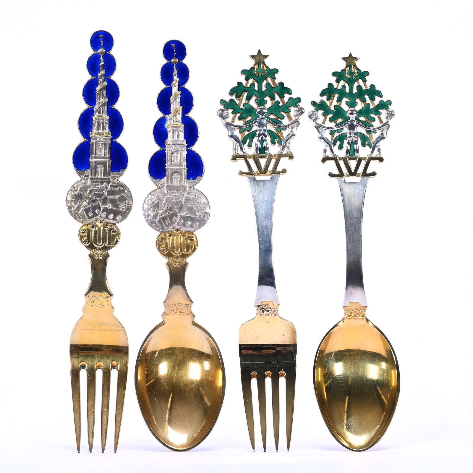 Sterling Silver 1927 & 1932 Christmas Fork & Spoon Sets Marked A. Michelsen: Sterling Silver 1927 & 1932 Christmas Fork & Spoon Sets Marked A. Michelsen, 0.75 Approximately x 6 x 1.25 Inches, 1927 Titled "Church Of Our Savior In Copenhagen", 1932 Titled "Children Around Christ