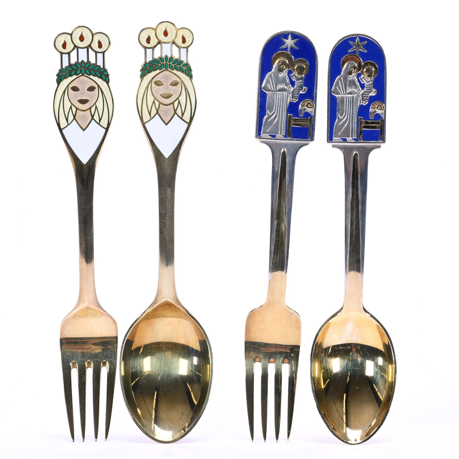 Sterling Silver 1934 & 1959 Christmas Fork & Spoon Sets Marked A. Michelsen: Sterling Silver 1934 & 1959 Christmas Fork & Spoon Sets Marked A. Michelsen, 0.75 Approximately x 6 x 1.25 Inches, 1934 Titled "Holy Night", 1959 Titled "Lucia Bride", 182.0 Grams, Dr. Harold & Audrey
