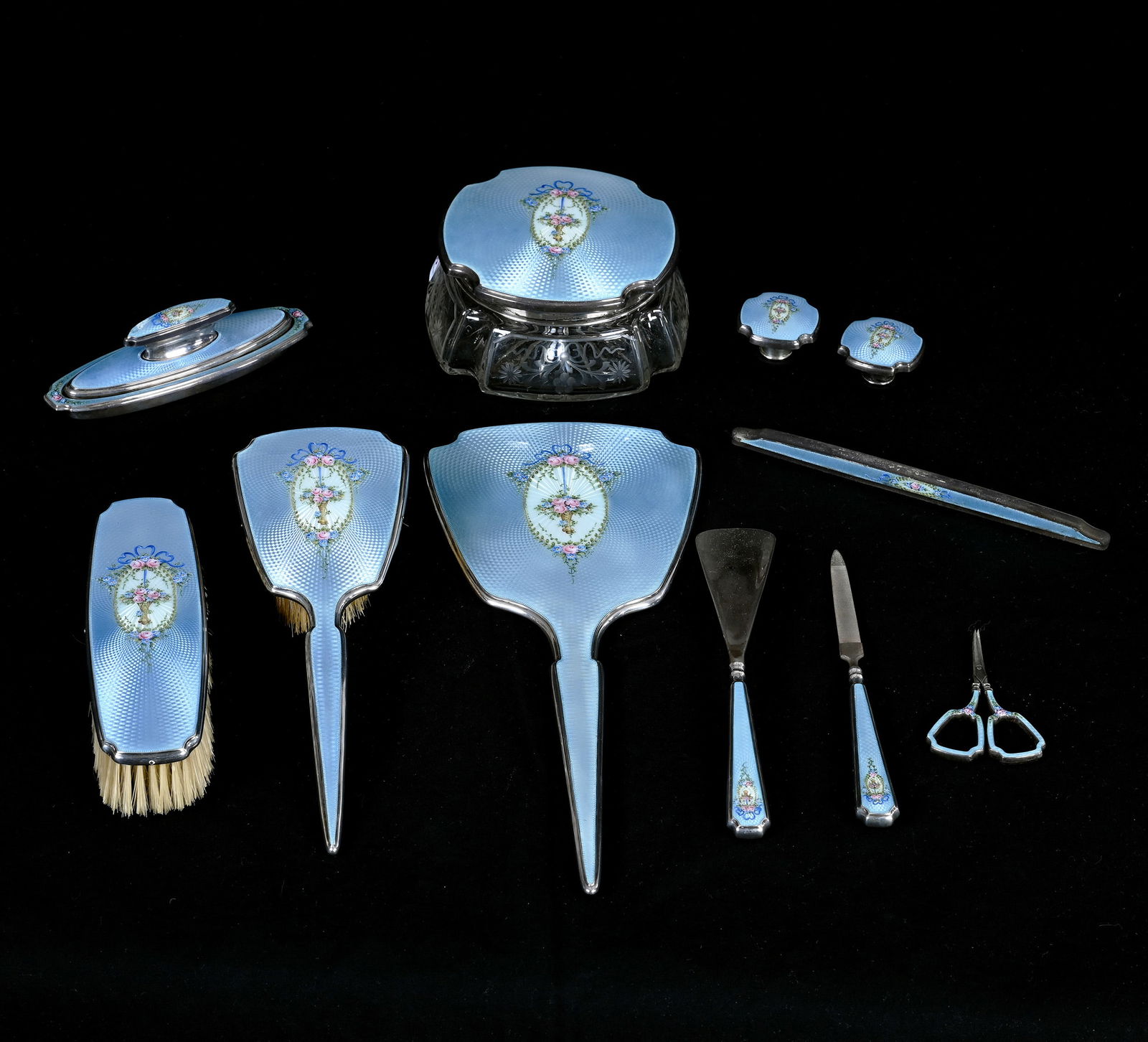Sterling Silver & Guilloche Enamel Dresser Set, (12) Piece Set, Silver Marked Sterling: Sterling Silver & Guilloche Enamel Dresser Set, (12) Piece Set, Silver Marked Sterling, Powder Blue With Basket And Ribbon Design, (1) 13" Hand Mirror, (1) 10" Hair Brush, (1) 7" Brush, (1) 8.75" Shoe