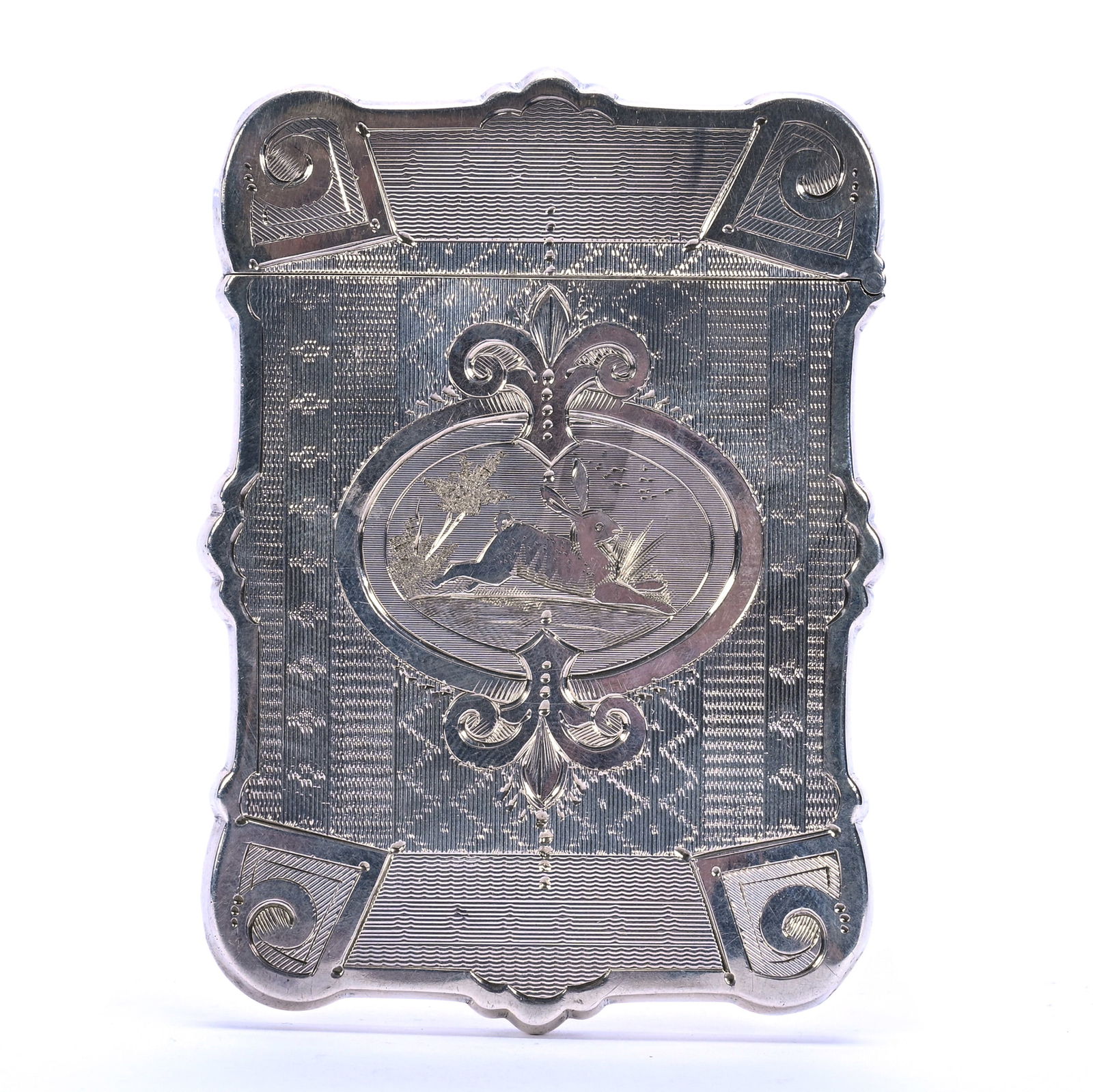 Business Card Holder Marked AC (Albert Coles, New York, 1851-1875): Business Card Holder Marked AC (Albert Coles, New York, 1851-1875), 3.625 x 2.5 x 0.25 Inches, Engraved Rabbit Medallion, 55.0 Grams, Dr. Harold & Audrey Eklund Estate, Iowa.