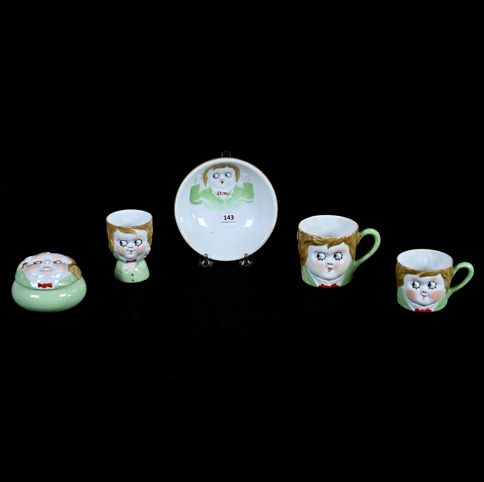 (5) Nippon Porcelain "Googly Eye" Items: (5) Nippon Porcelain "Googly Eye" Items, (1) 5.75" Cereal Bowl, (1) 2.5" x 3.75" Round Covered Box, (1) 3" x 4.5" Mug, (1) 2.5" x 4" Mug, (1) 3.25" x 2.5" Egg Cup, 1.7 Pounds, Dr. Harold & Audrey
