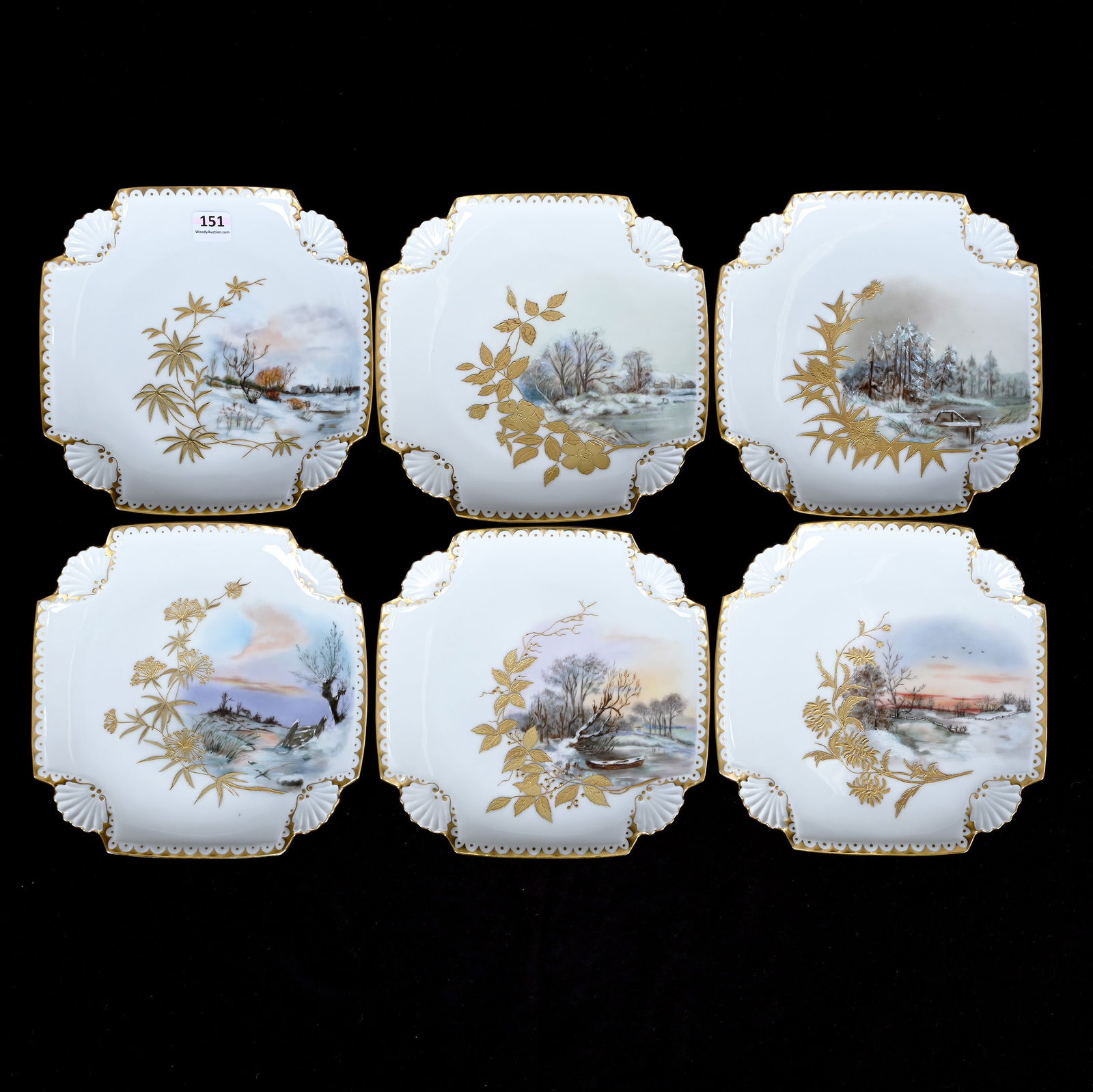 (6) Square Plates Marked T & V Limoges, Beautiful Hand Painted Winter Scenic Decor (1 of 2)