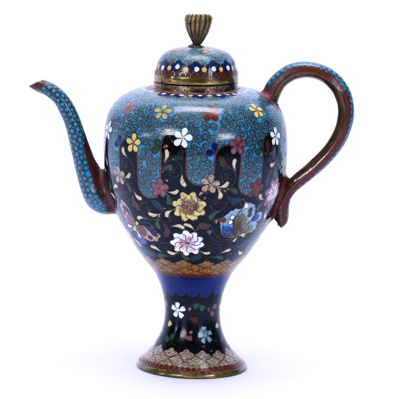 Pedestal Japanese Cloisonne Tea Pot, 19th Century: Pedestal Japanese Cloisonne Tea Pot, 19th Century, 6 x 5.5 x 3 Inches, Blue And Black Tones With Colorful Floral And Butterfly Design, 0.5 Pounds, Dr. Harold & Audrey Eklund Estate, Iowa.