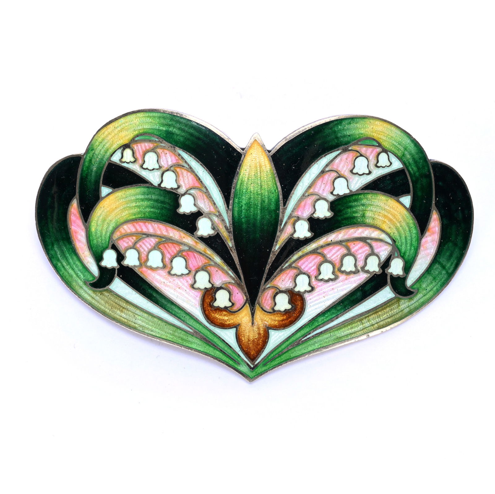 Sterling Silver & Enamel Broach, Art Deco Style Bell Lily Design: Sterling Silver & Enamel Broach, Art Deco Style Bell Lily Design, 3 x 1.75 x 0.5 Inches, Marked C. M. R. (Charles M. Robbins, Attleboro, MA), Very Nice Quality, 37.0 Grams, Dr. Harold & Audrey Eklund