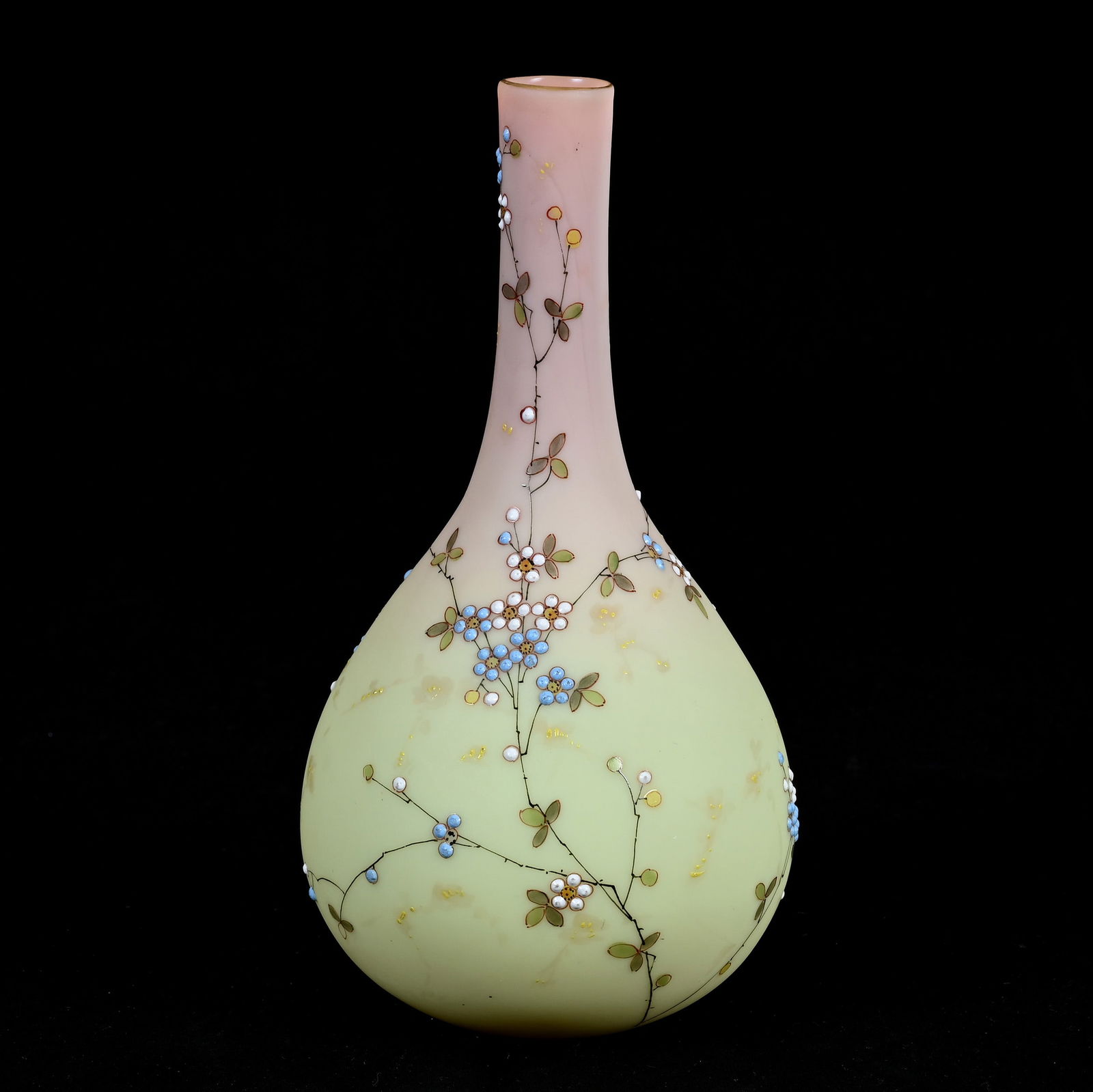 Vase, Mt. Washington Burmese Art Glass With Enamel Blue & White Floral Blossom Decor (1 of 4)