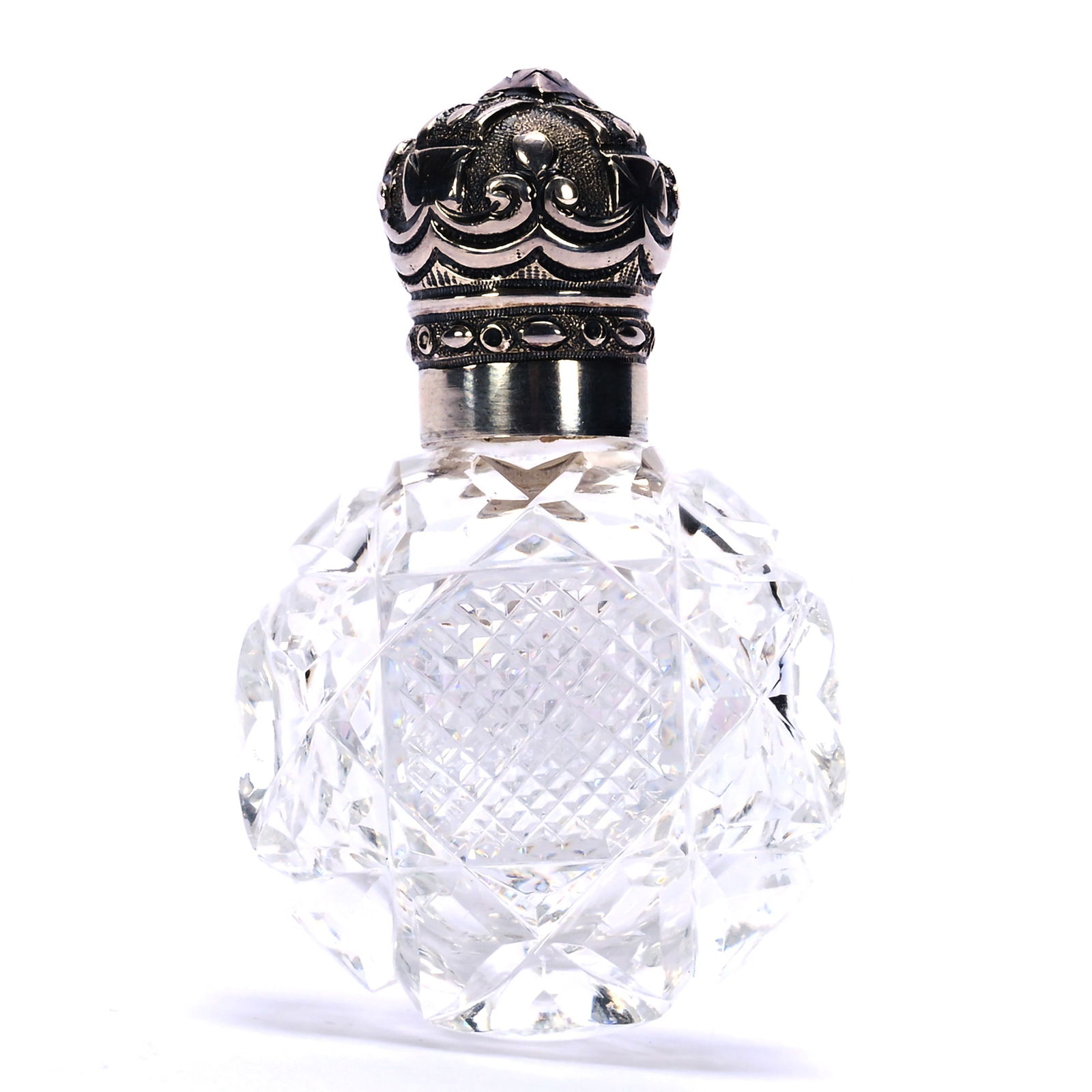 Scent Bottle, Brilliant Period Cut Glass Body With Sterling Silver Crown Twist Cap (1 of 4)