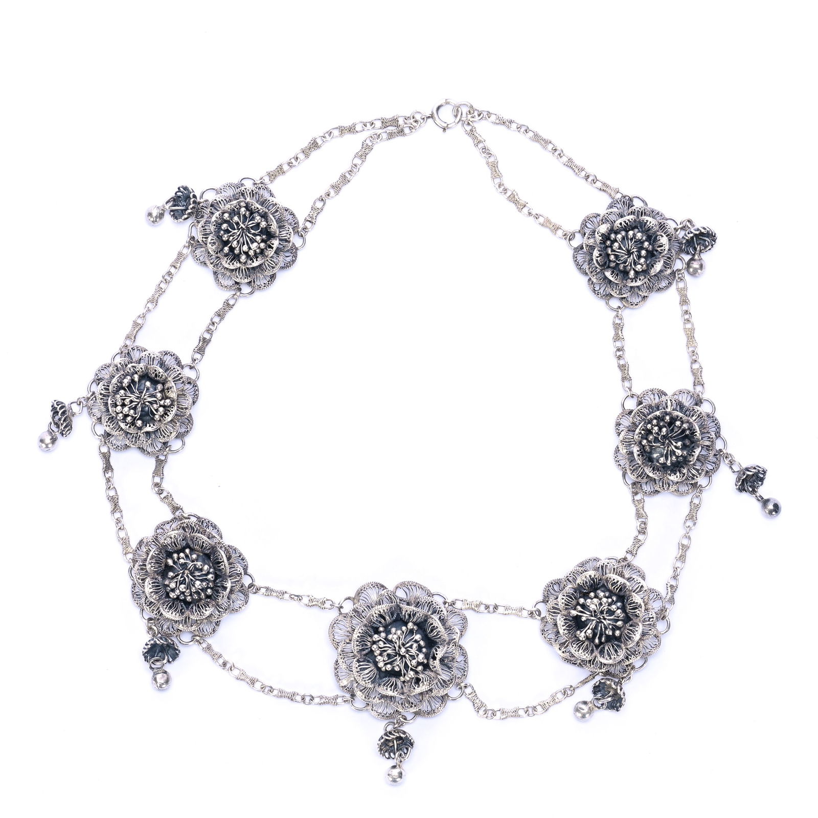 Solid Sterling Silver Choker/Necklace, No Visible Maker's Mark: Solid Sterling Silver Choker/Necklace, No Visible Maker's Mark, 16 x 2 x 0.5 Inches, (7) Floral Blossom Medallions, Beautiful Design, 144.0 Grams, Dr. Harold & Audrey Eklund Estate, Iowa.