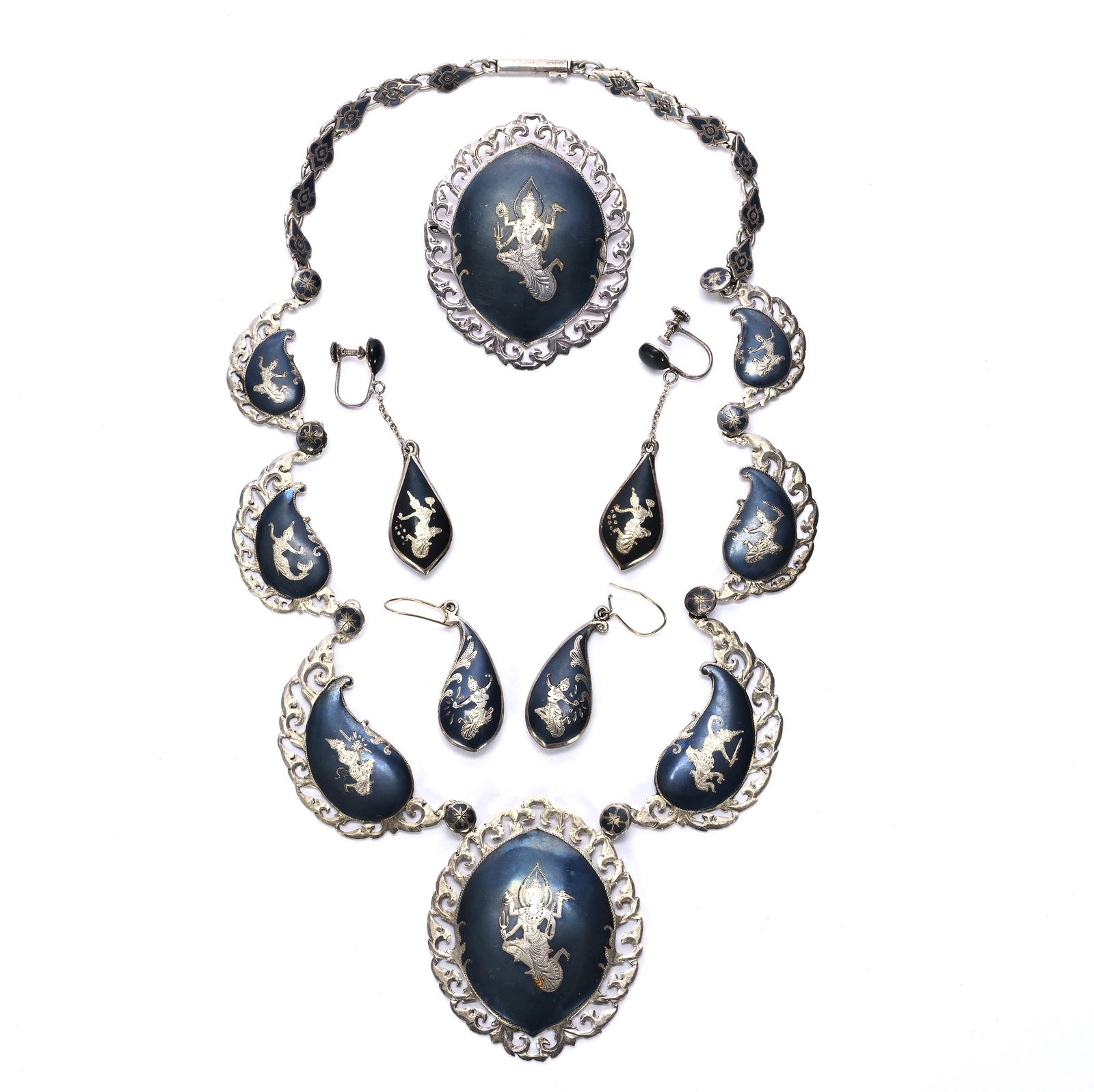 Sterling Silver Jewelry Set, Four Piece, Marked "Made In Siam" (Thailand), Pre-1939: Sterling Silver Jewelry Set, Four Piece, Marked "Made In Siam" (Thailand), Pre-1939, Classic Hindoo Goddess Design, (1) 18" Necklace, (1) 2.25" Broach, 81.0 Grams, Dr. Harold & Audrey Eklund Estate,