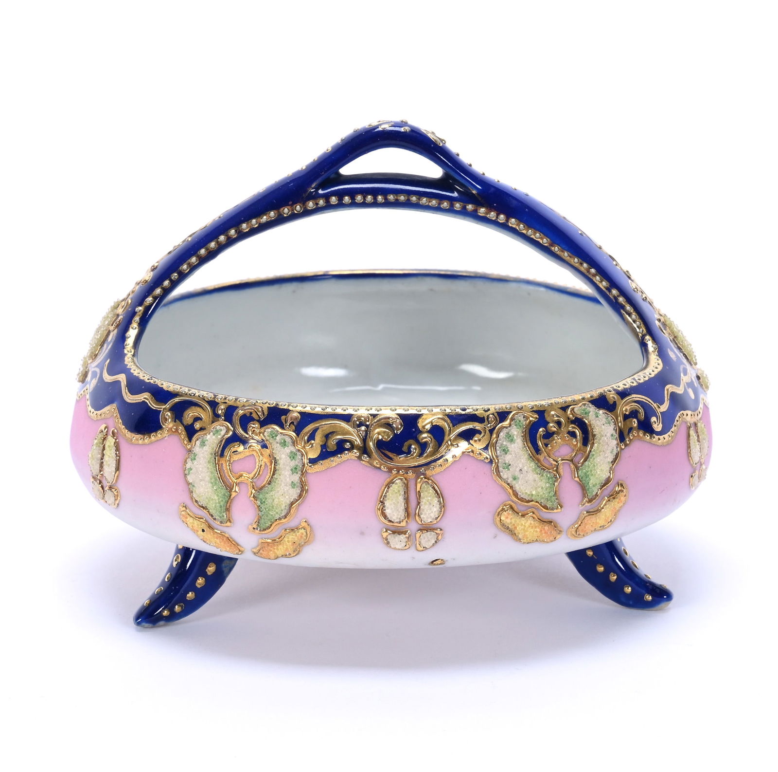 Basket Marked Japan, Patent Date 1909: Basket Marked Japan, Patent Date 1909, 3.5 x 4.74 x 4.75 Inches, Pink And White With Cobalt Blue Border, Coralene Decor, Gold Highlights, 0.5 Pounds, Dr. Harold & Audrey Eklund Estate, Iowa.