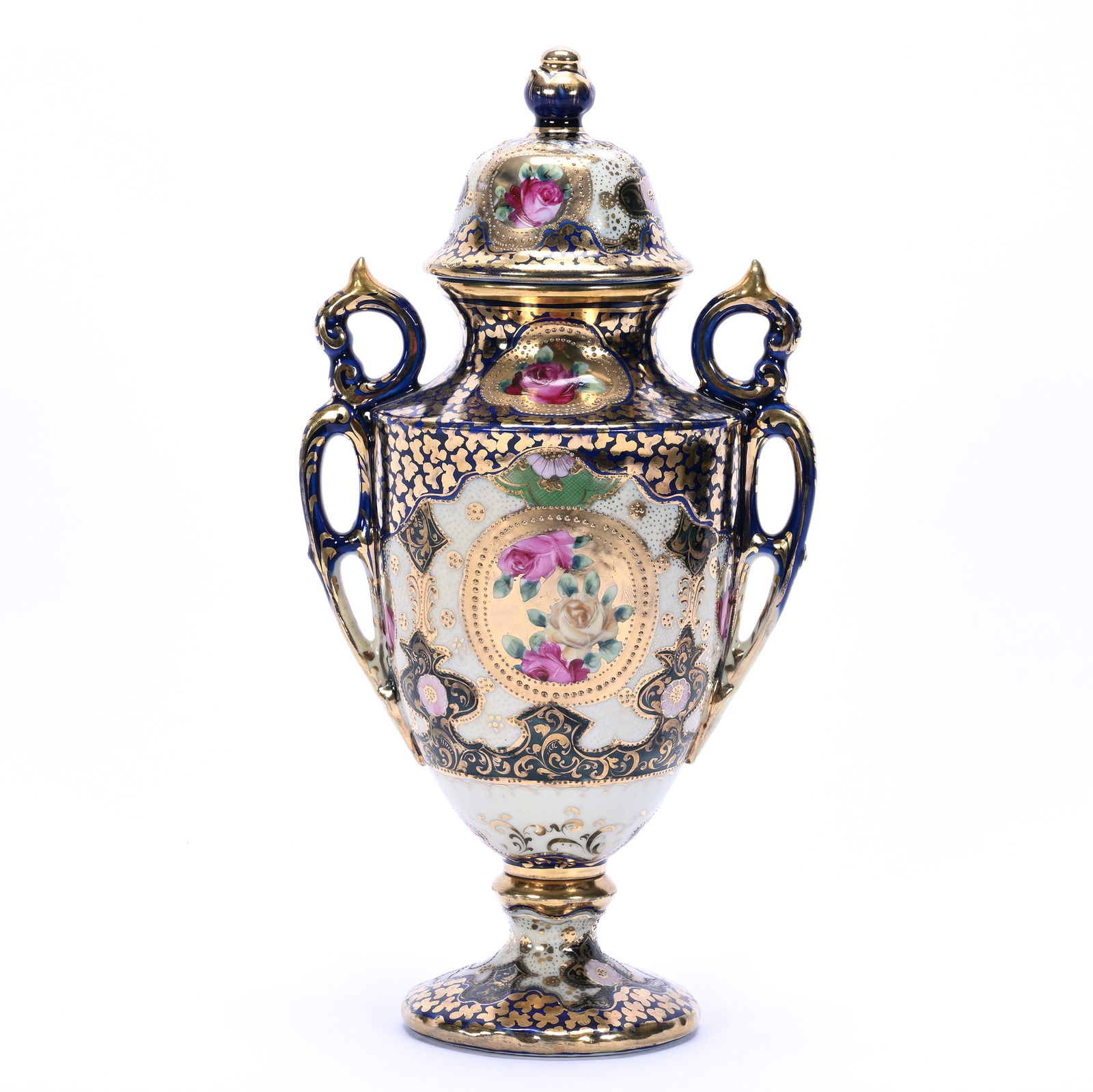 Pedestal Covered Urn, Two Handles, Marked Nippon: Pedestal Covered Urn, Two Handles, Marked Nippon, 13.5 x 6.75 x 5 Inches, Yellow And Cobalt Blue, Pink Rose Decor, Extensive Gold Highlights, 2.7 Pounds, Dr. Harold & Audrey Eklund Estate, Iowa.