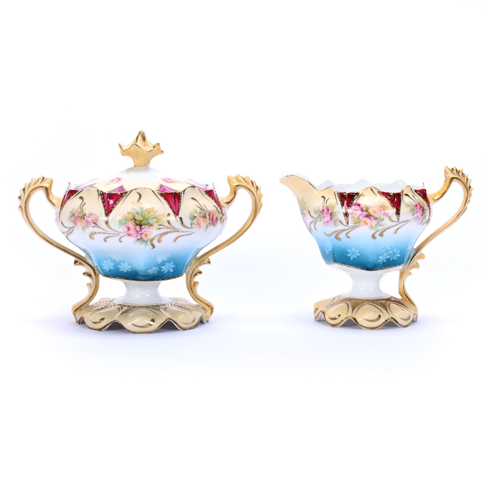 Creamer & Sugar Set, Unmarked R. S. Prussia: Creamer & Sugar Set, Unmarked R. S. Prussia, 4.75 x 6 x 4.25 Inches, Cream, Blue And White With Red Border Highlights, Rose Decor, 0.8 Pounds, Dr. Harold & Audrey Eklund Estate, Iowa.