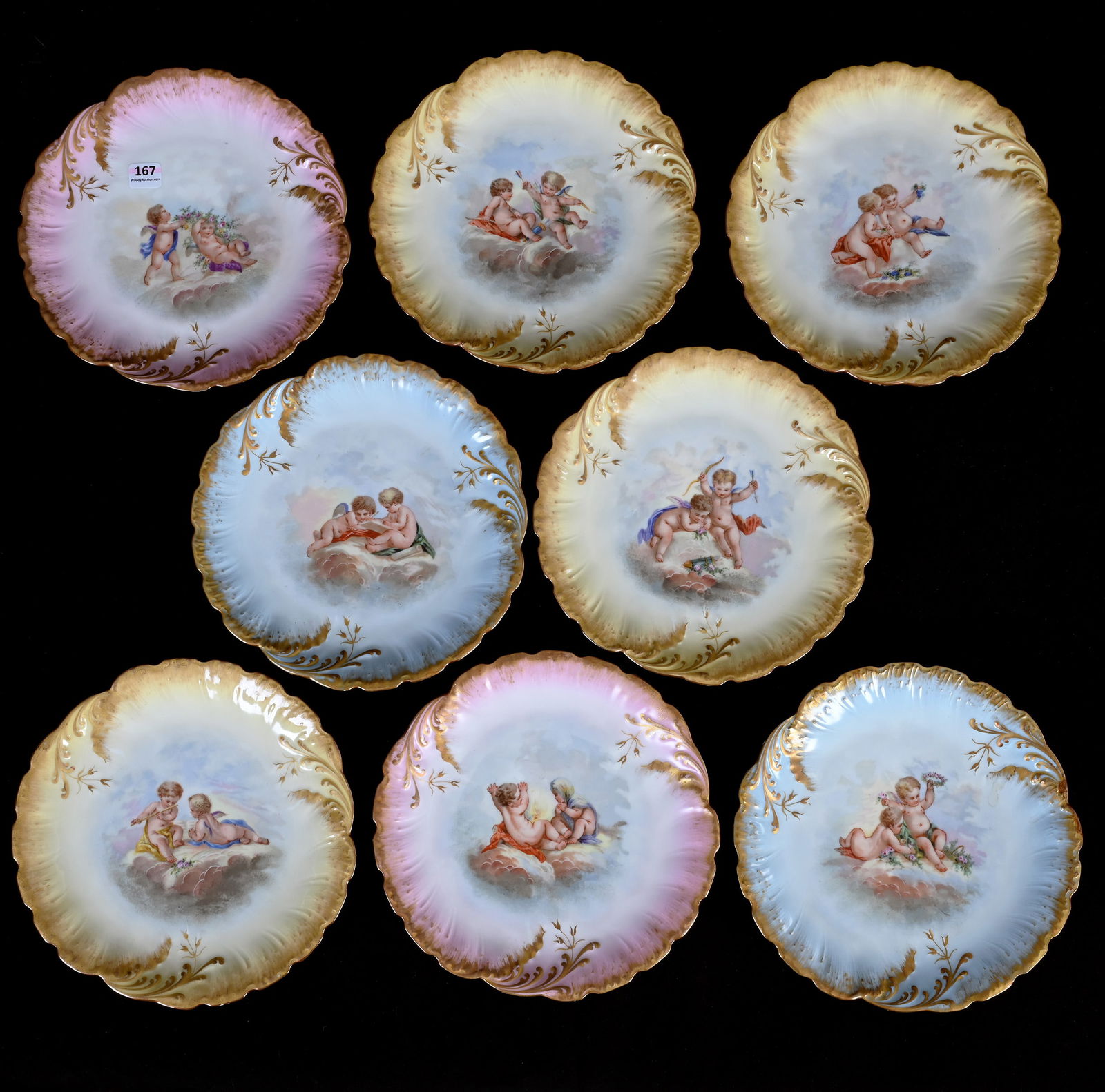 (8) Plates Marked M. R. Limoges, Various Color Plates, Hand Painted Cherub Decor: (8) Plates Marked M. R. Limoges, Various Color Plates, Hand Painted Cherub Decor, 1 x 9 x 9 Inches, Gold Highlights, Nice Set, 7.5 Pounds, Dr. Harold & Audrey Eklund Estate, Iowa.