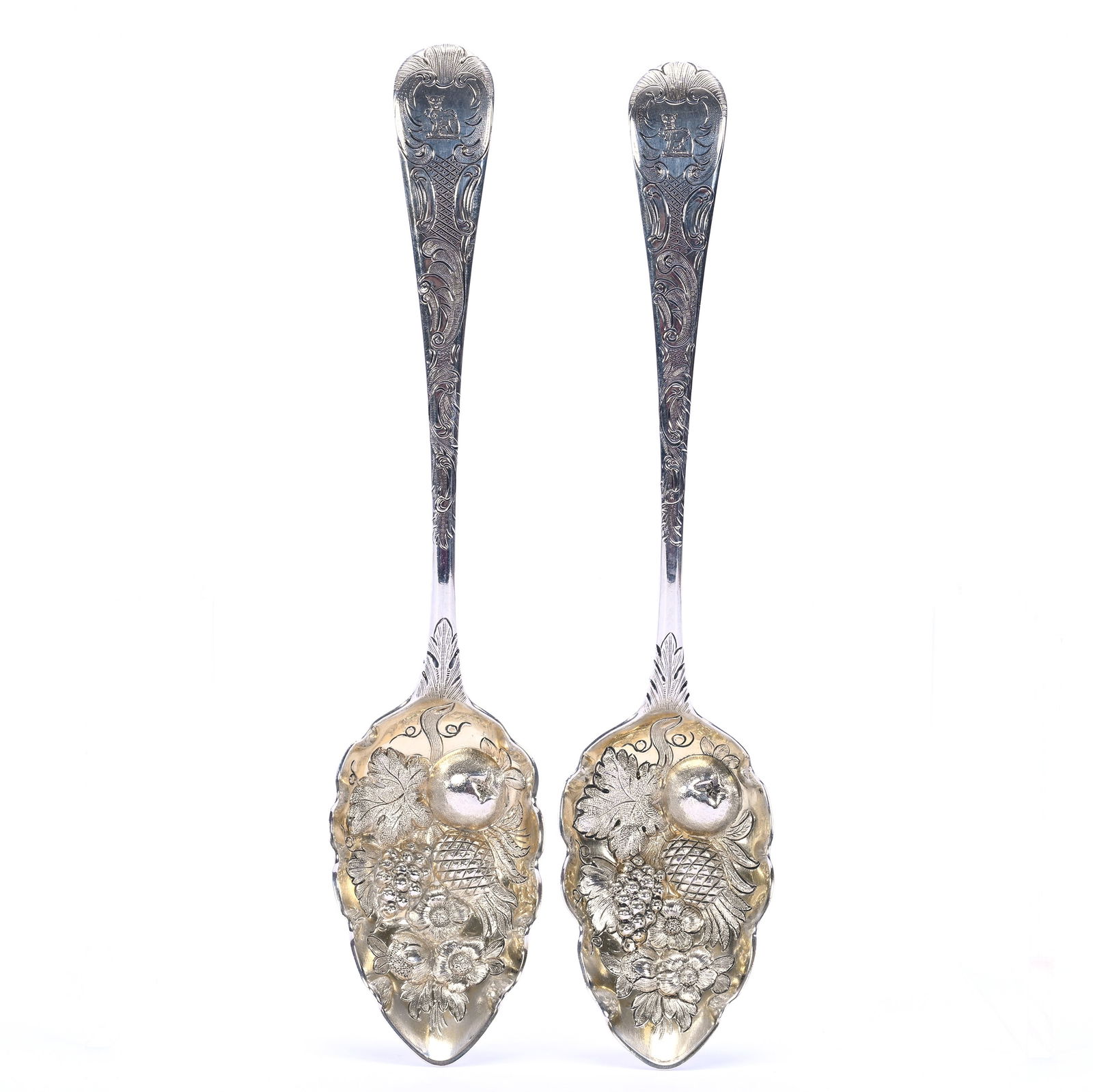 (2) Solid Sterling Silver Serving Spoons Marked Wm. Eley & Wm. Fearn, London: (2) Solid Sterling Silver Serving Spoons Marked Wm. Eley & Wm. Fearn, London, 8.5 x 1.875 x 1.25 Inches, Company Registered 1797, Highly Embossed Fruit Design, 128.0 Grams, Dr. Harold & Audrey Eklund