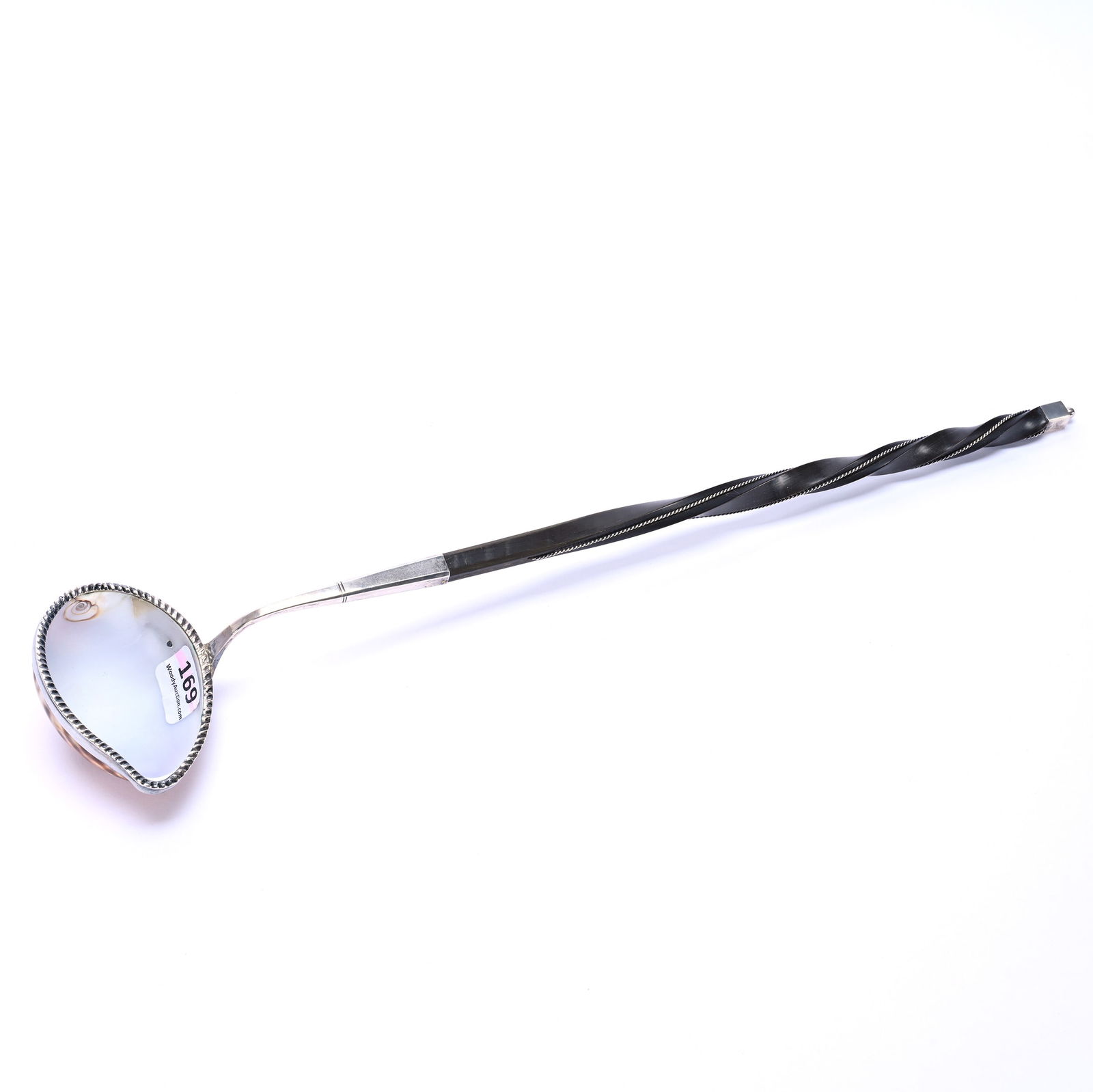 Ladle, Authentic Sea Shell Dipper With Sterling Silver Fittings, Swedish Hallmark Dated 1820: Ladle, Authentic Sea Shell Dipper With Sterling Silver Fittings, Swedish Hallmark Dated 1820, 14.5 x 3 x 1.5 Inches, Carved Spiral Wood Handle, 0.2 Pounds, Dr. Harold & Audrey Eklund Estate, Iowa.