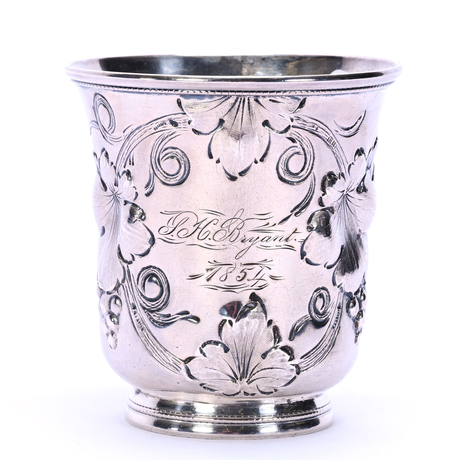 Solid Coin Silver Mug Marked William Gale & Son, New York (1853-1866): Solid Coin Silver Mug Marked William Gale & Son, New York (1853-1866), 3 x 4 x 2.75 Inches, Mug Is Personalized And Dated 1854, Elaborate Embossed Vintage Motif (Past Owner Inscribed Number On