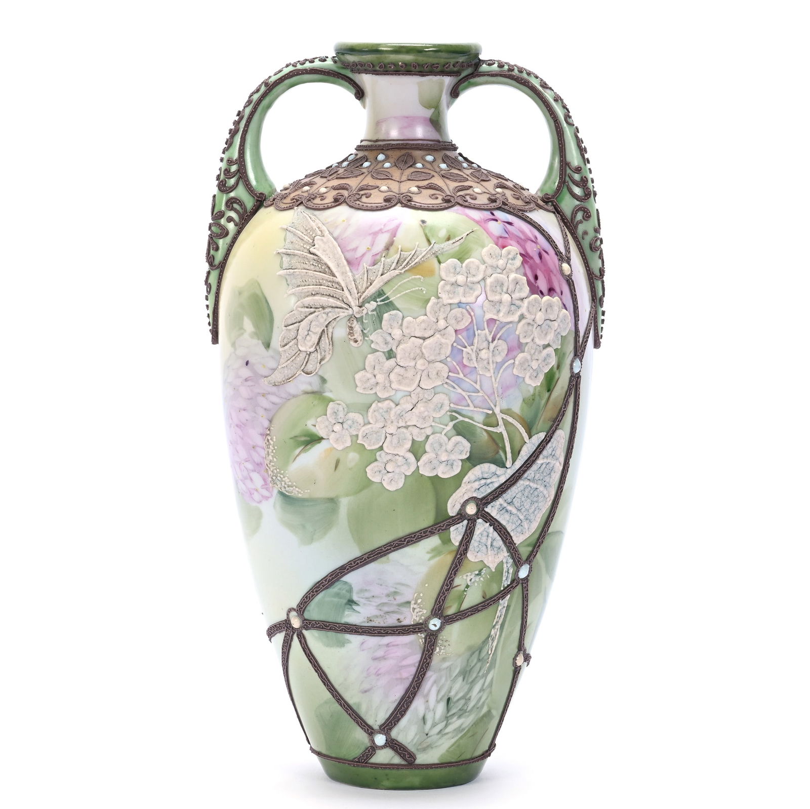 Vase, Two Handles, Marked Nippon: Vase, Two Handles, Marked Nippon, 10.25 x 5.5 x 5.25 Inches, Green And Yellow Tones With Floral Decor, Moriaga Overlay With Butterfly And Basketweave Highlights, 2.0 Pounds, Dr. Harold & Audrey Eklund