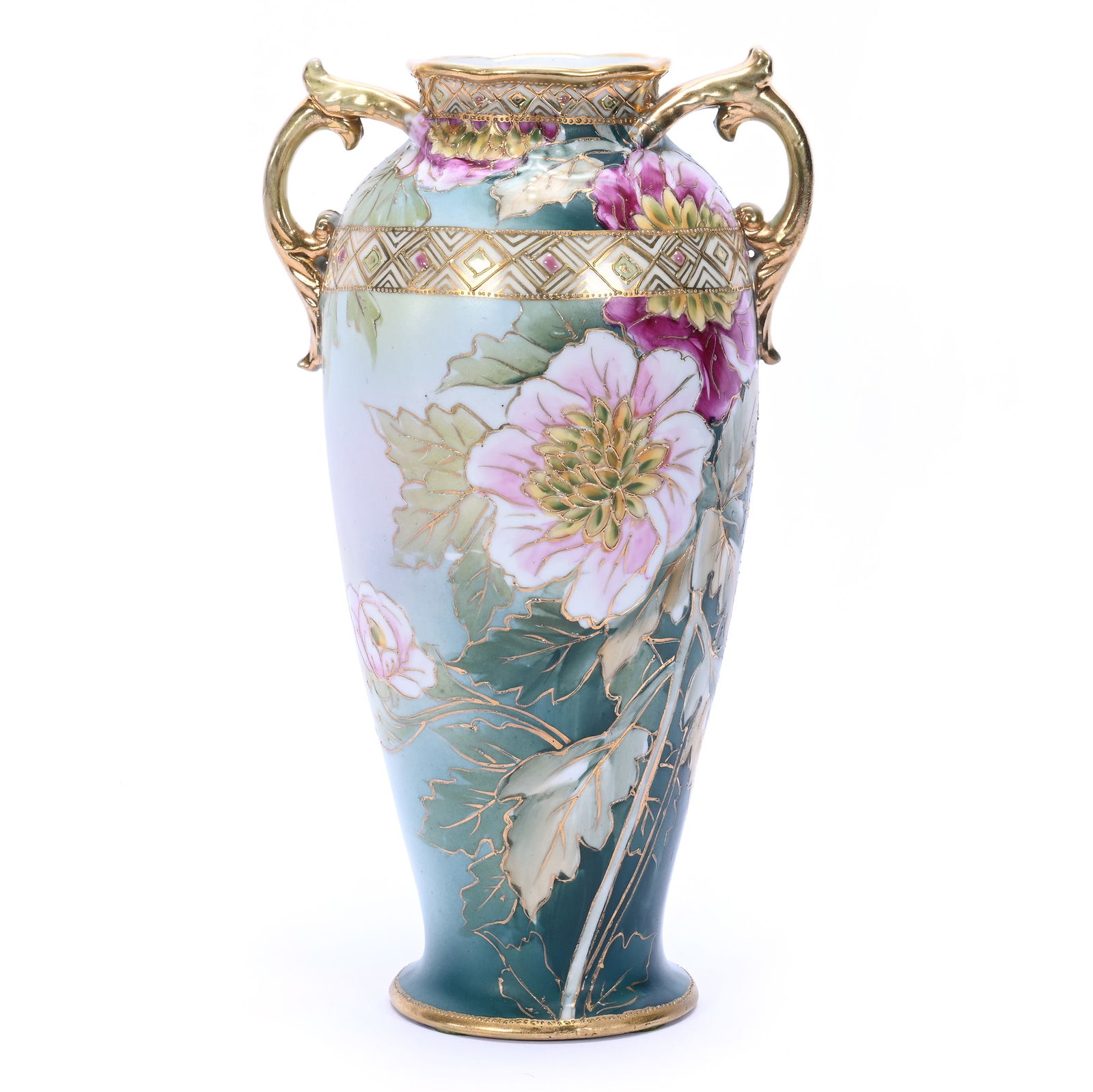Vase, Two Handles, Marked Nippon: Vase, Two Handles, Marked Nippon, 11.5 x 6.5 x 5 Inches, Green, Yellow And Pink Tones, Floral Decor, Heavy Gold Highlights, 2.4 Pounds, Dr. Harold & Audrey Eklund Estate, Iowa.