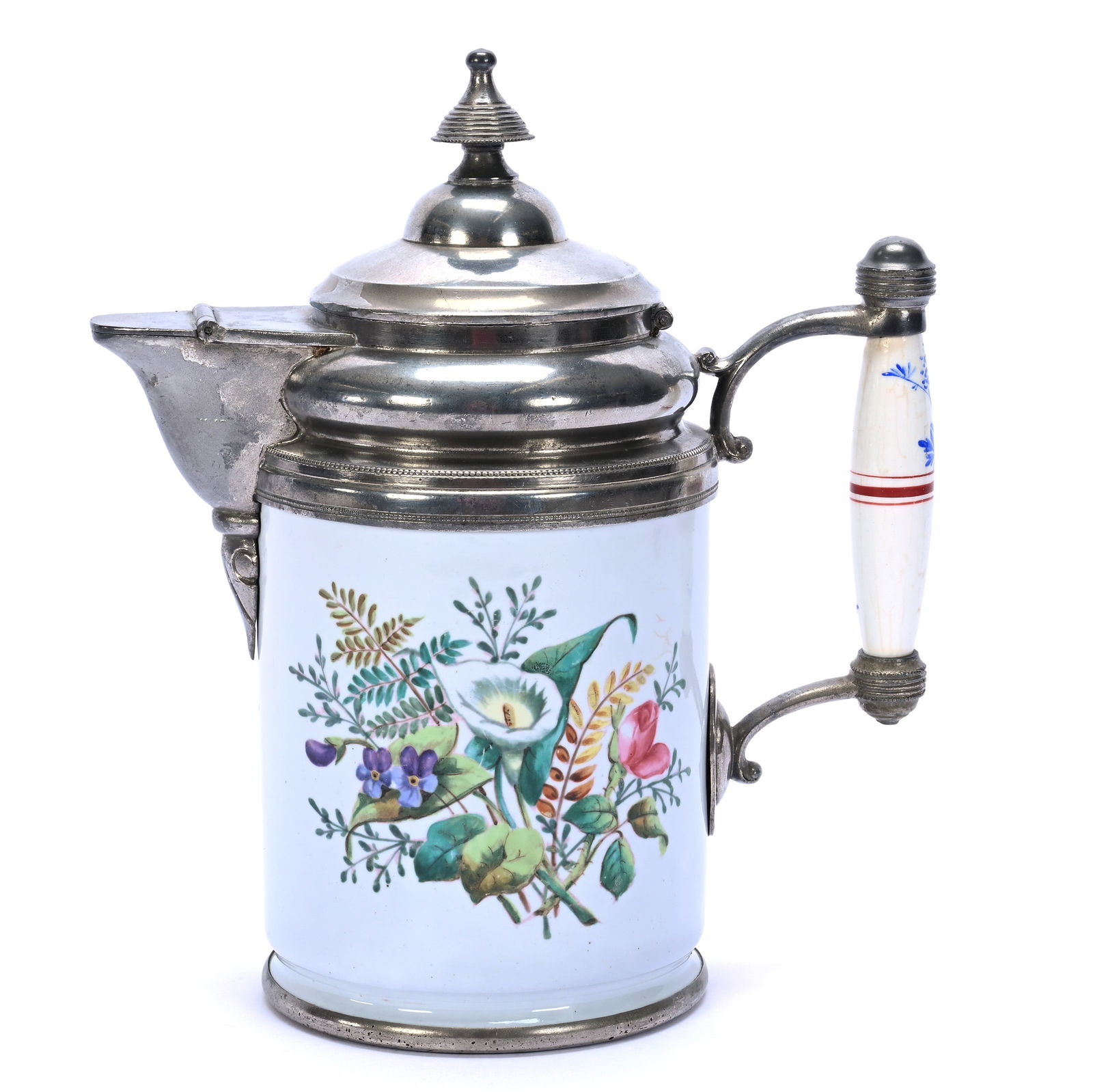 American Granite Ware Coffee Pot By Manning, Bowman & Company: American Granite Ware Coffee Pot By Manning, Bowman & Company, 9.5 x 8.5 x 4.5 Inches, White With Colorful Wild Floral Decor, Decorated Handle, 2.5 Pounds, Dr. Harold & Audrey Eklund Estate, Iowa.