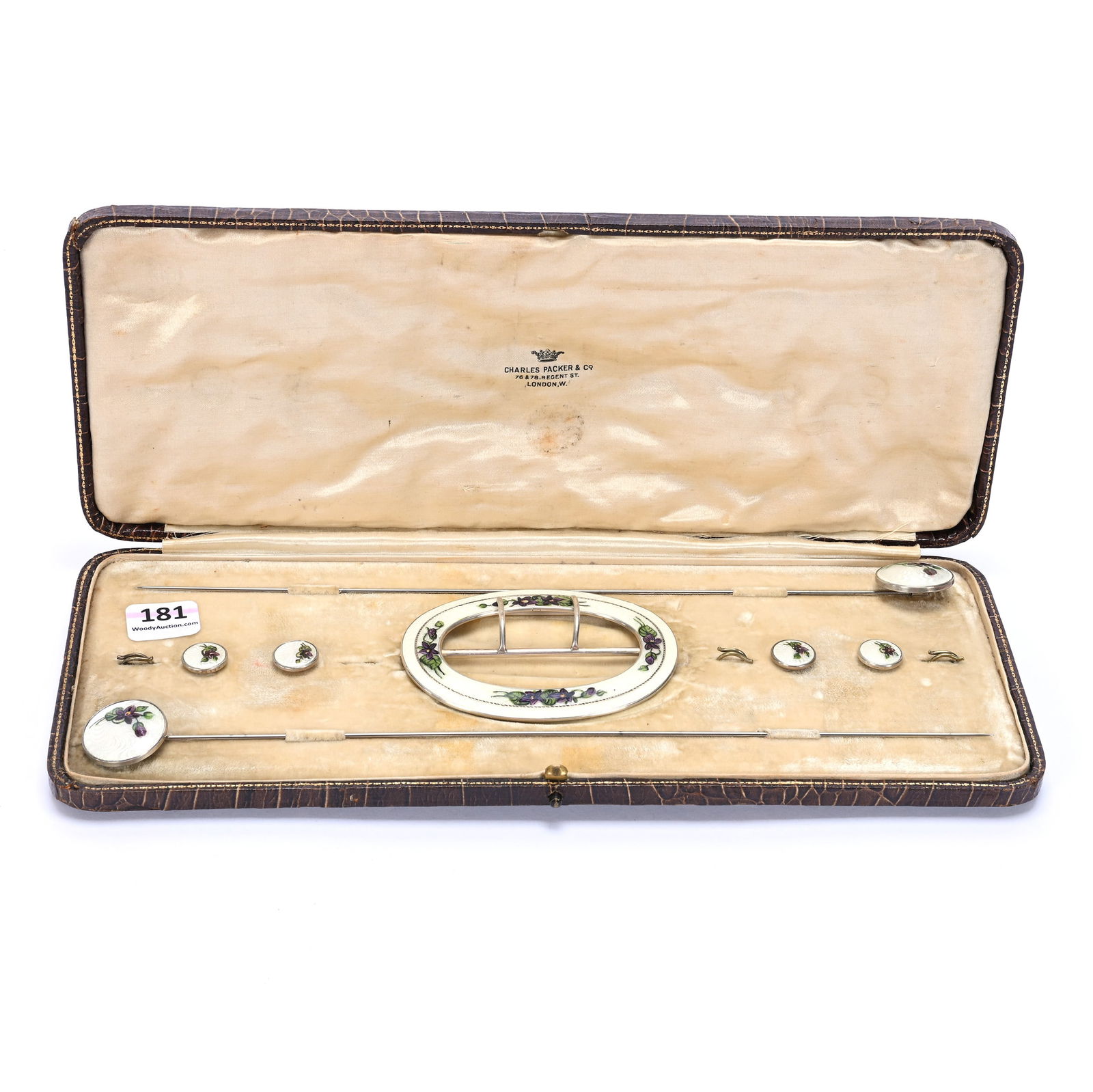 Set Including Buckle, (2) Hatpins & (4) Buttons In Original Case: Set Including Buckle, (2) Hatpins & (4) Buttons In Original Case, 8.5 x 4.75 x 1 Inches, Sterling Silver With Guilloche Enamel In Original Case, Maker's Mark Appears To Be WEP & Company, Dated 1911,