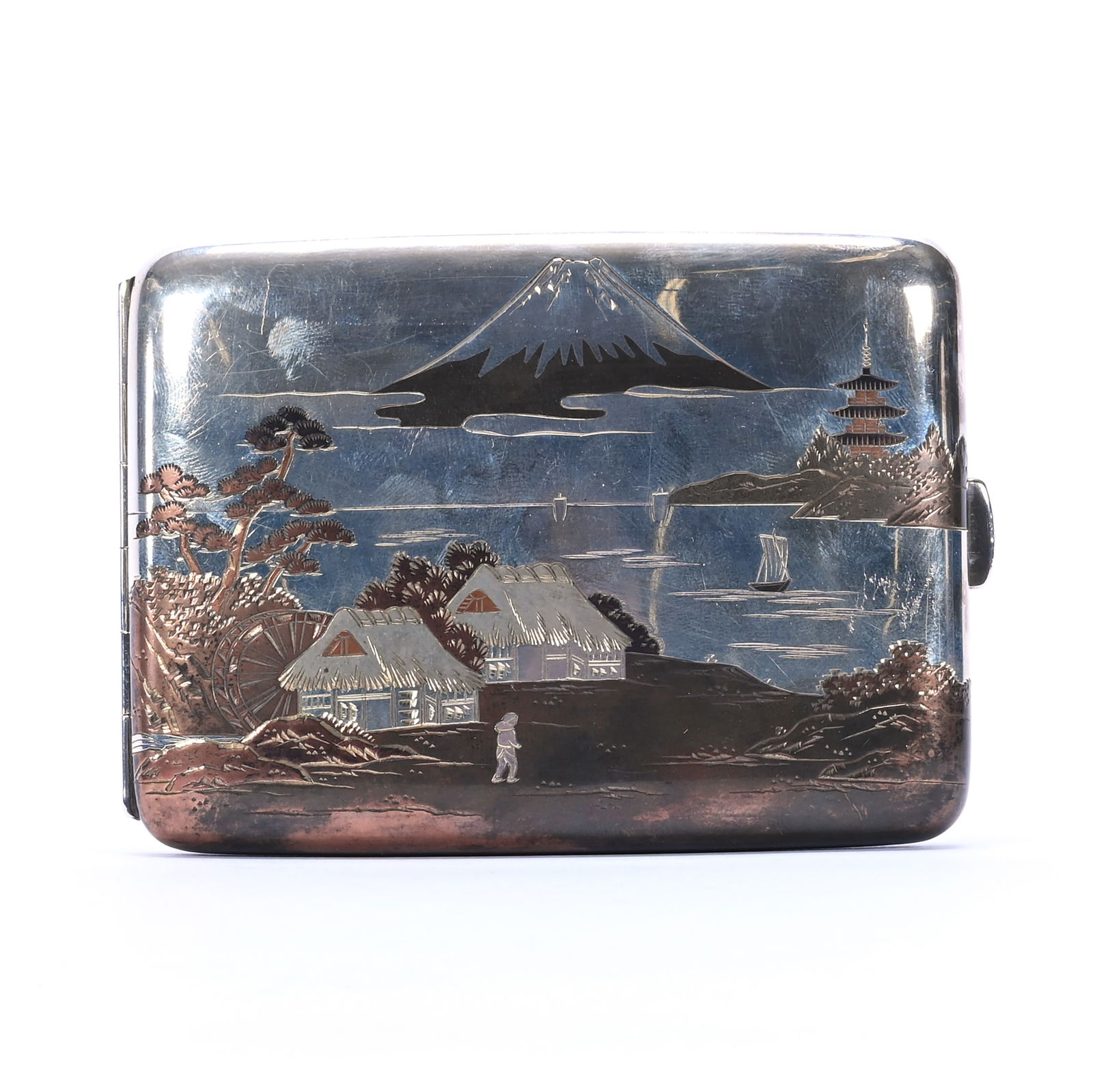 Solid Sterling Silver Cigarette Case Marked "Sterling Silver 950": Solid Sterling Silver Cigarette Case Marked "Sterling Silver 950", 4.25 x 3 x 0.75 Inches, No Maker's Mark Visible, Japanese Coastal Scene With Mt. Fuji, Multi-Color Highlights, Japanese Maker's Mark