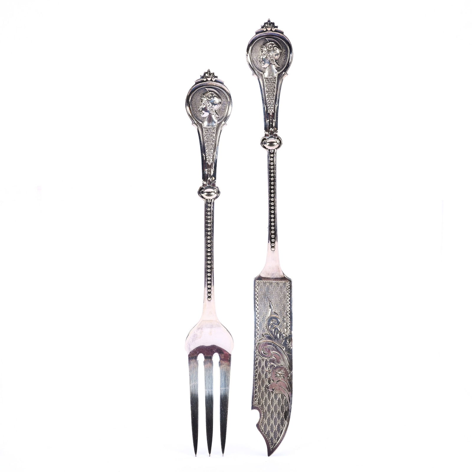 Solid Coin Silver Knife & Fork Set Marked Wood & Hughes, Medallion Pattern, Soldier Head Handle (1 of 4)