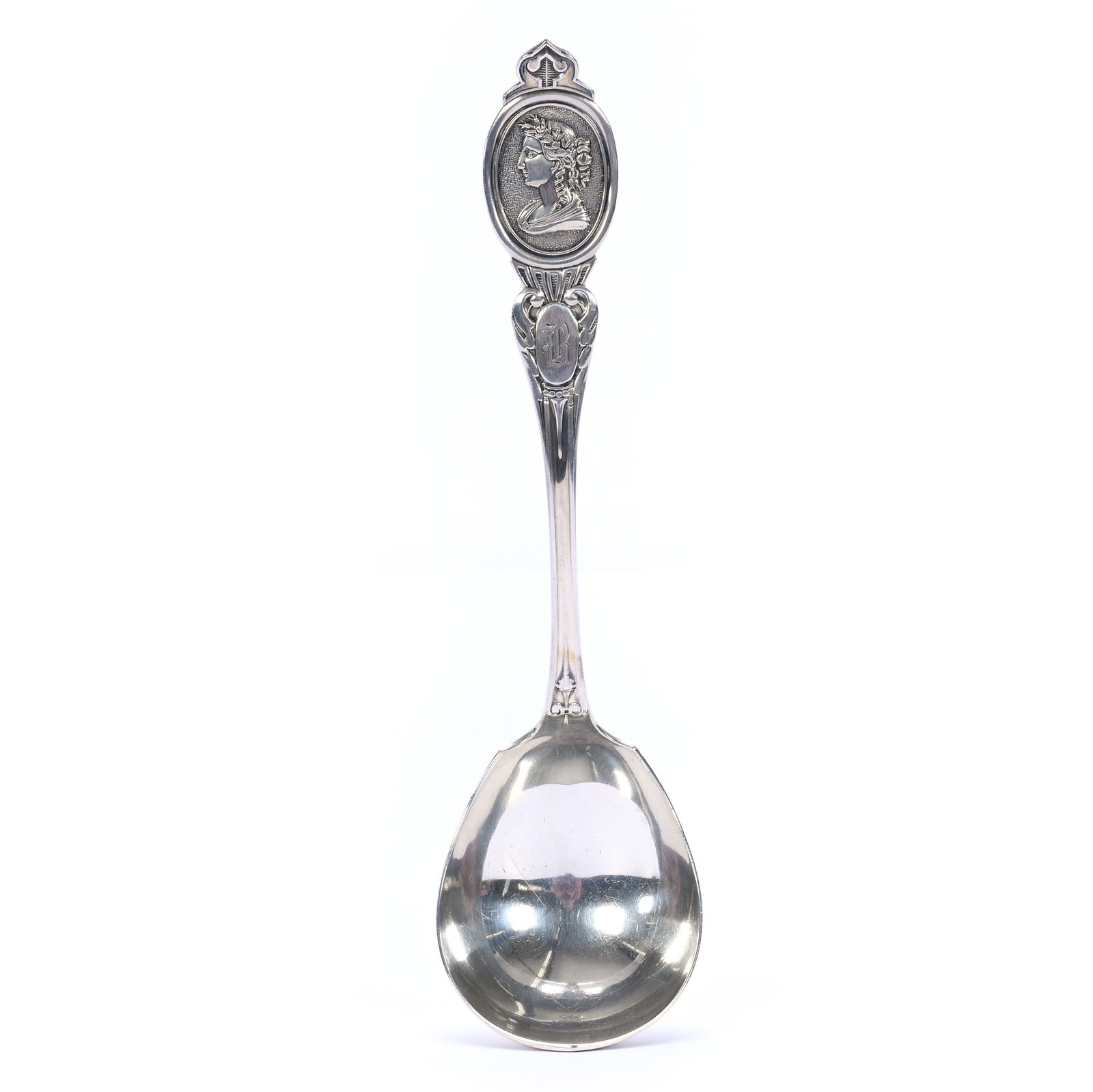 Solid Coin Silver 8" Ladle, Medallion Head Handle, By J. L. Westervelt: Solid Coin Silver 8" Ladle, Medallion Head Handle, By J. L. Westervelt, 2 x 9 x 3 Inches, Weight Of Coin Silver Only Is 77 Grams, Sells In Original Case, 0.5 Pounds, Dr. Harold & Audrey Eklund Estate,