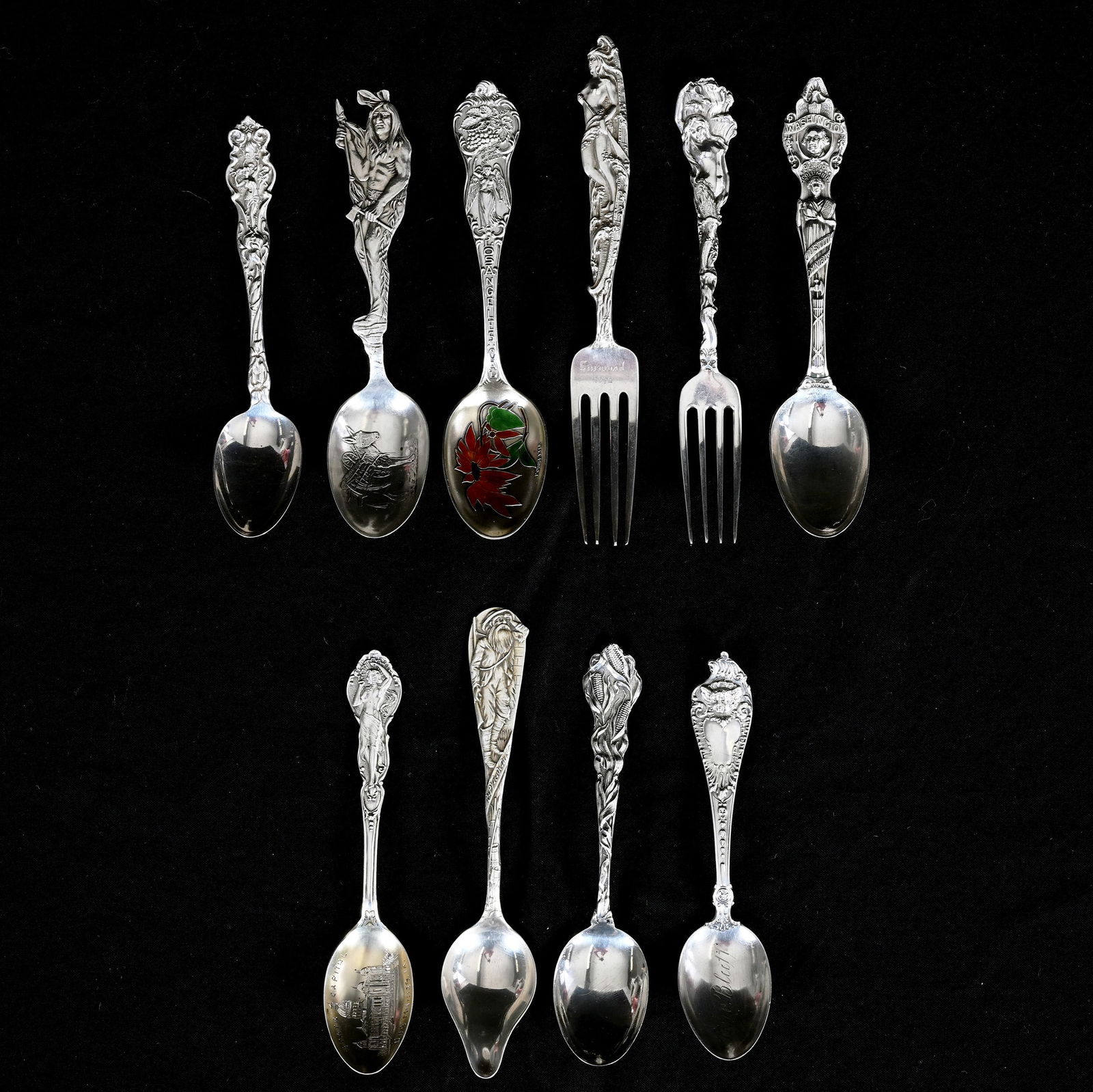 Solid Sterling (8) Spoons & (2) Forks, Native American, Prospector, Woman & More (1 of 6)