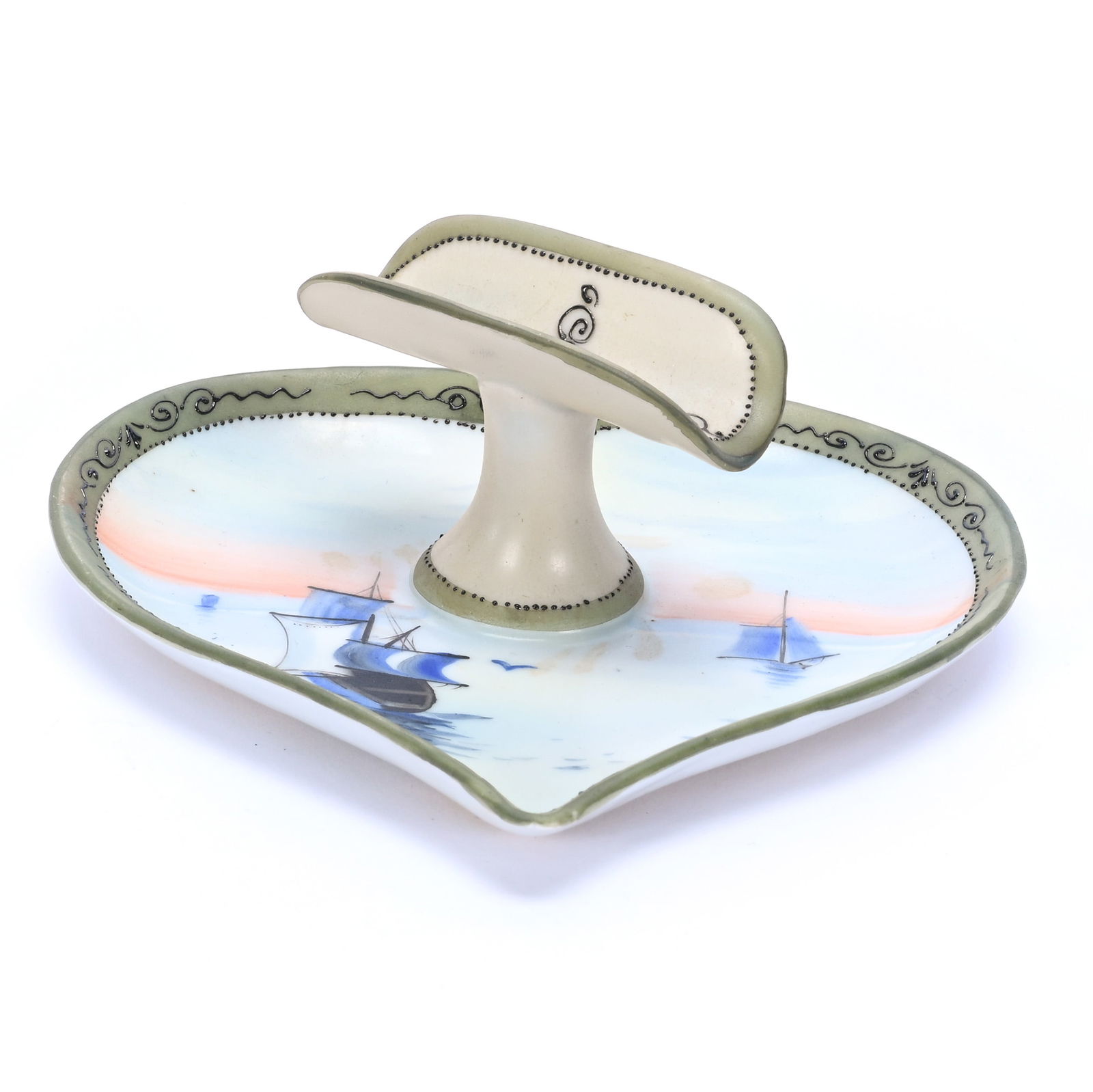 Heart Shaped Ashtray With Cigar Rest Marked Nippon: Heart Shaped Ashtray With Cigar Rest Marked Nippon, 2 x 5 x 5 Inches, Sailboat Scenic Decor, Green Border, 0.3 Pounds, Dr. Harold & Audrey Eklund Estate, Iowa.