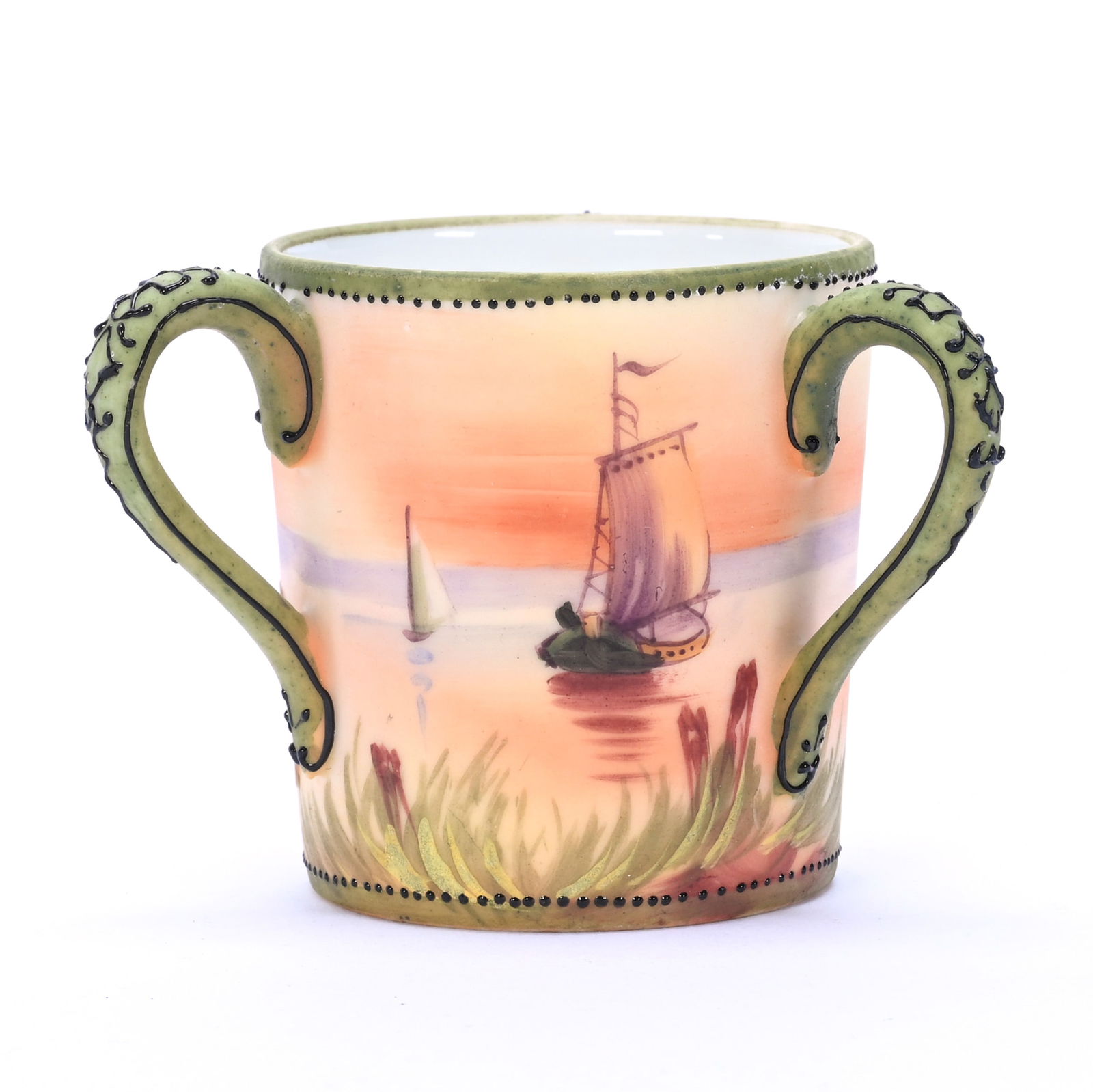 Toothpick Holder, Three Handles, Marked Nippon: Toothpick Holder, Three Handles, Marked Nippon, 2.25 x 3 x 3 Inches, Sunset Lake And Sailboat Scenic Decor, Green Border, 0.1 Pounds, Dr. Harold & Audrey Eklund Estate, Iowa.