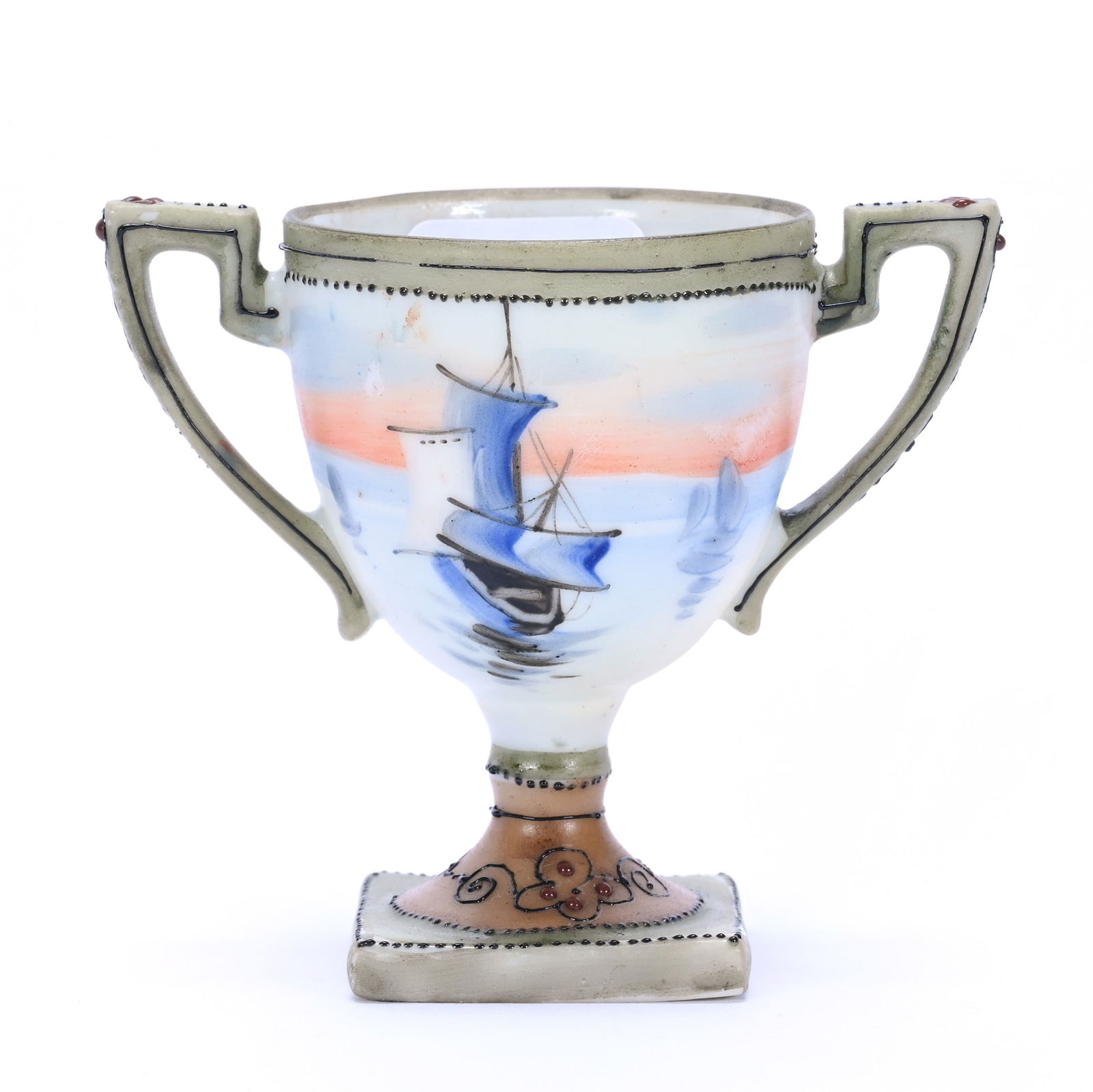 Pedestal Toothpick Holder, Two Handles, Marked Nippon: Pedestal Toothpick Holder, Two Handles, Marked Nippon, 2.5 x 3 x 1.75 Inches, Sailboat Scenic Decor, Green Border, Minimal Enamel Loss, 0.1 Pounds, Dr. Harold & Audrey Eklund Estate, Iowa.