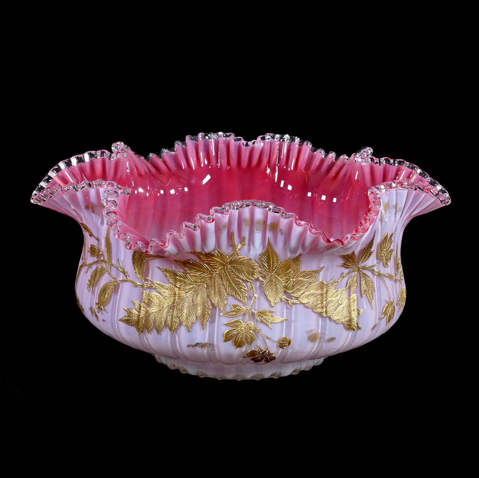 Brides Bowl, Pink Opalescent Cased Art Glass, Ribbed Interior & Exterior: Brides Bowl, Pink Opalescent Cased Art Glass, Ribbed Interior & Exterior, 5.25 x 11.25 x 11.25 Inches, Attributed To Webb, Heavy Gold Leaf And Branch Decor, Base Diameter Of 5", 2.7 Pounds, Dr.