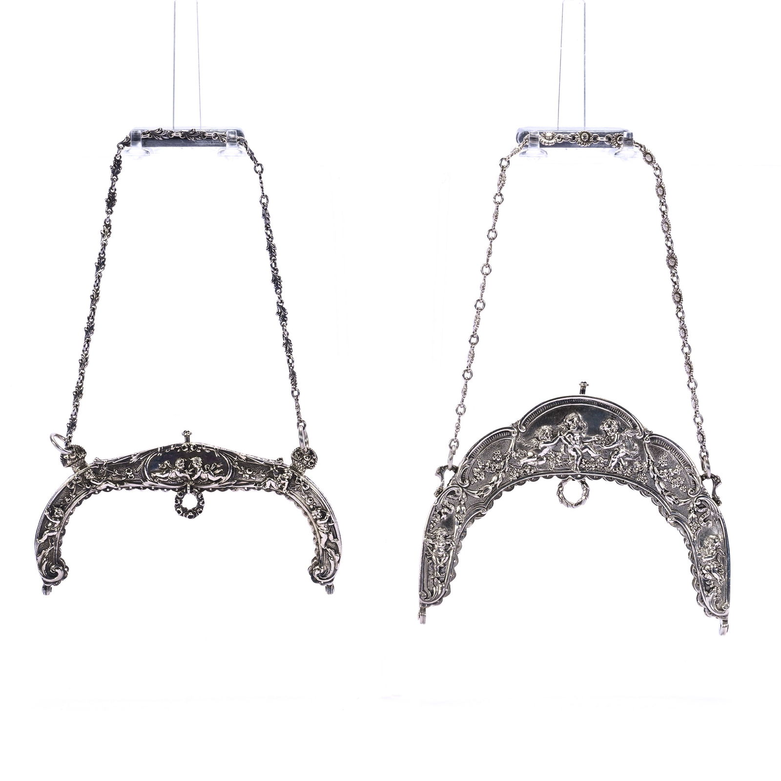 (2) Solid Sterling Silver Evening Bag Frames Marked Gorham: (2) Solid Sterling Silver Evening Bag Frames Marked Gorham, 5 x 6.75 x 0.75 Inches, Each Features Elaborate Embossed Cherub Designs, Original Sterling Silver Chains, 460.0 Grams, Dr. Harold & Audrey