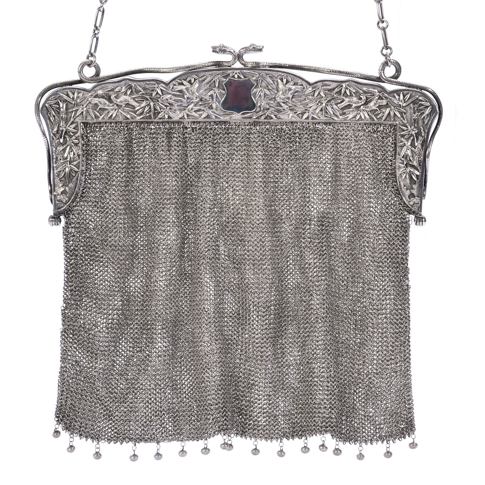 Solid Sterling Silver Large Mesh Evening Bag: Solid Sterling Silver Large Mesh Evening Bag, 8 x 8 x 0.5 Inches, No Visible Maker's Mark, Elaborate Embossed Frame With Oriental Design With Figural Snake Clasp, Interior Partition, Original Chain,