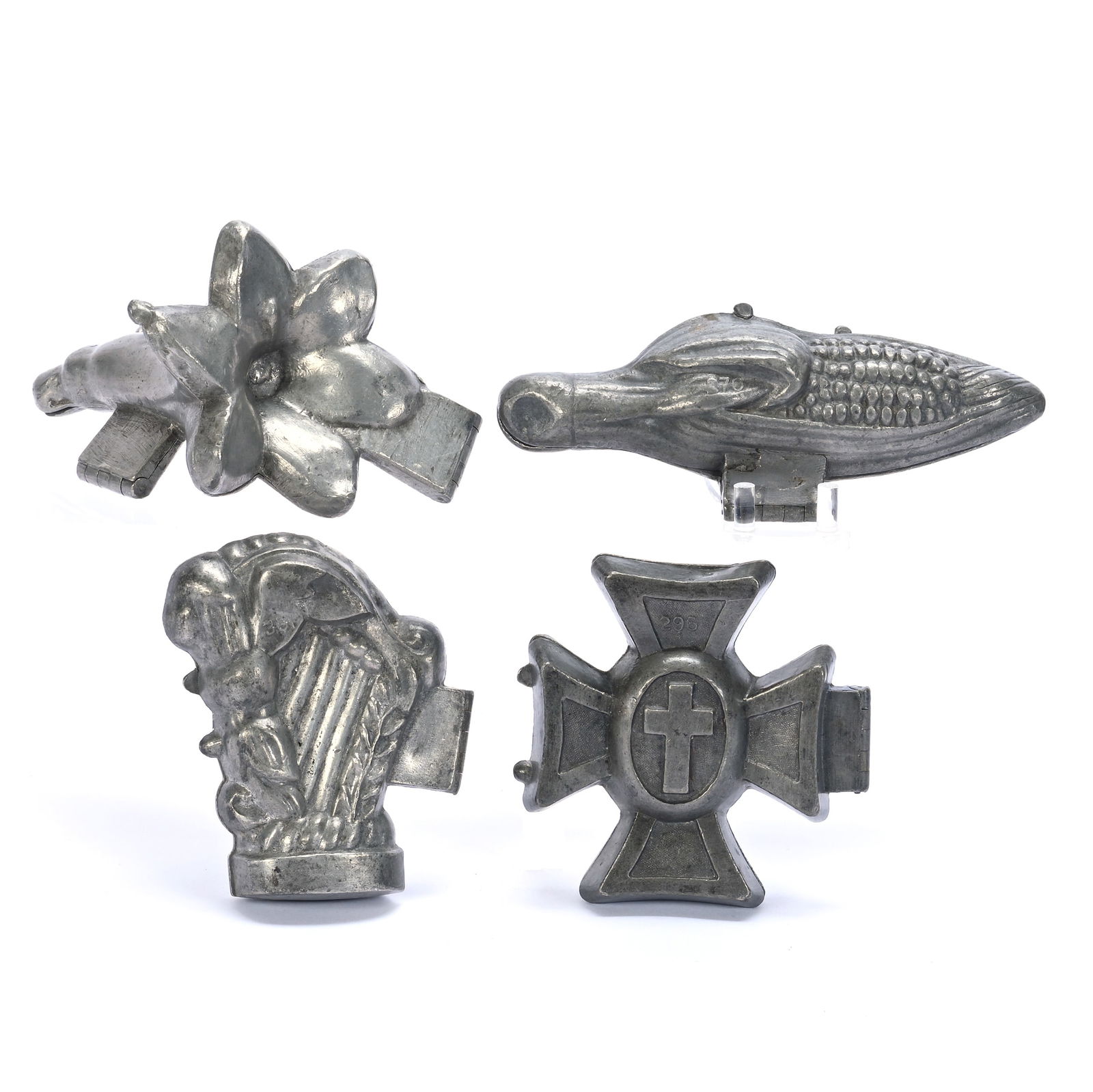 (4) Vintage Pewter Ice Cream Molds: (4) Vintage Pewter Ice Cream Molds, Designs Feature Lily Flower #354, Heart #361, Corn Cob #270, German Cross #296, Longest Mold Is 7", Widest Is 4.25", Deepest Is 3", 3.9 Pounds, Dr. Harold & Audrey