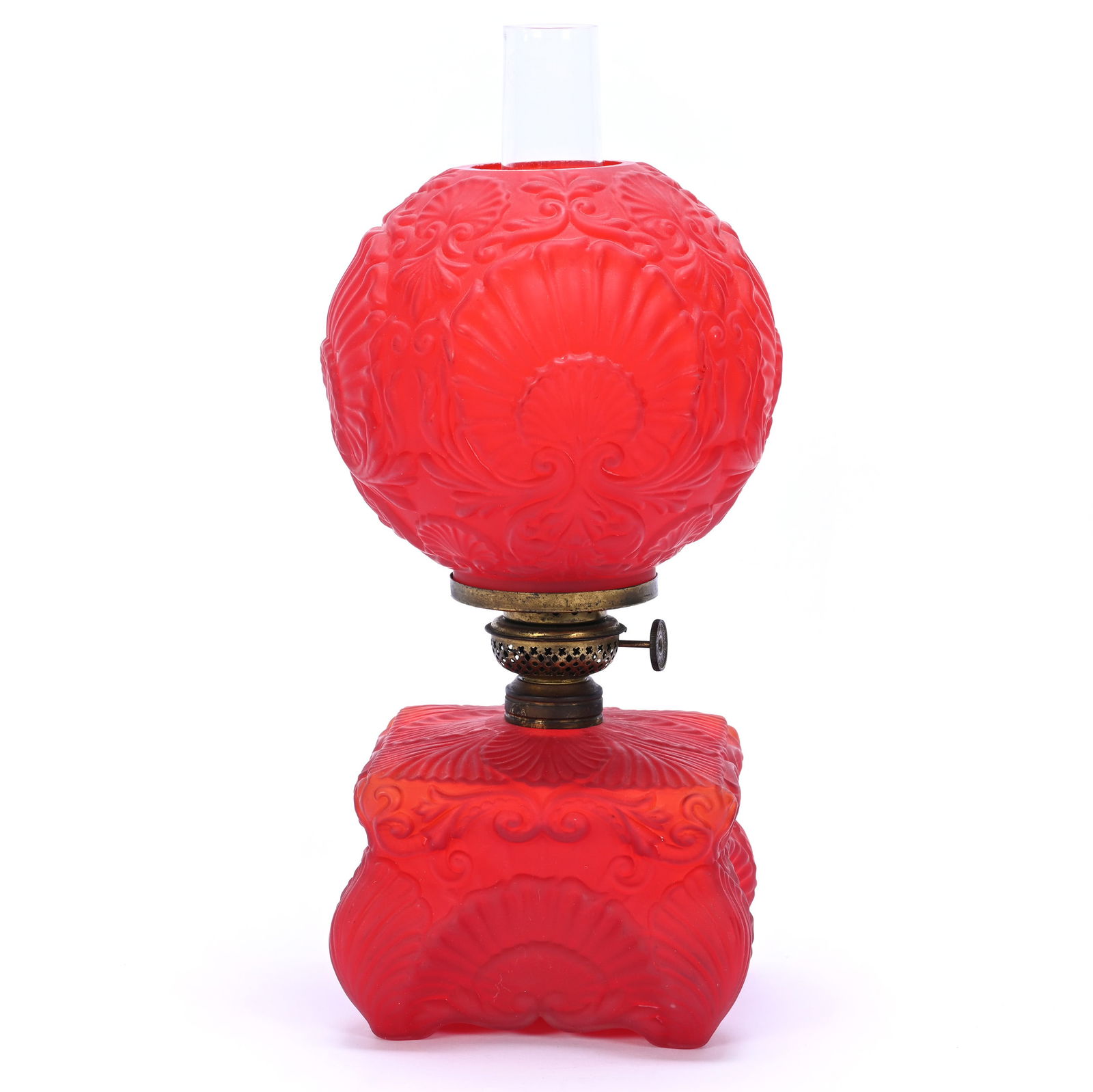 Small Red Satin Gone With Wind Lamp: Small Red Satin Gone With Wind Lamp, 11.75 x 5.75 x 5.75 Inches, Elaborate Embossed Shell And Scroll Design, Very Nice Example, Base Chip On Shade, 3.4 Pounds, Dr. Harold & Audrey Eklund Estate, Iowa.