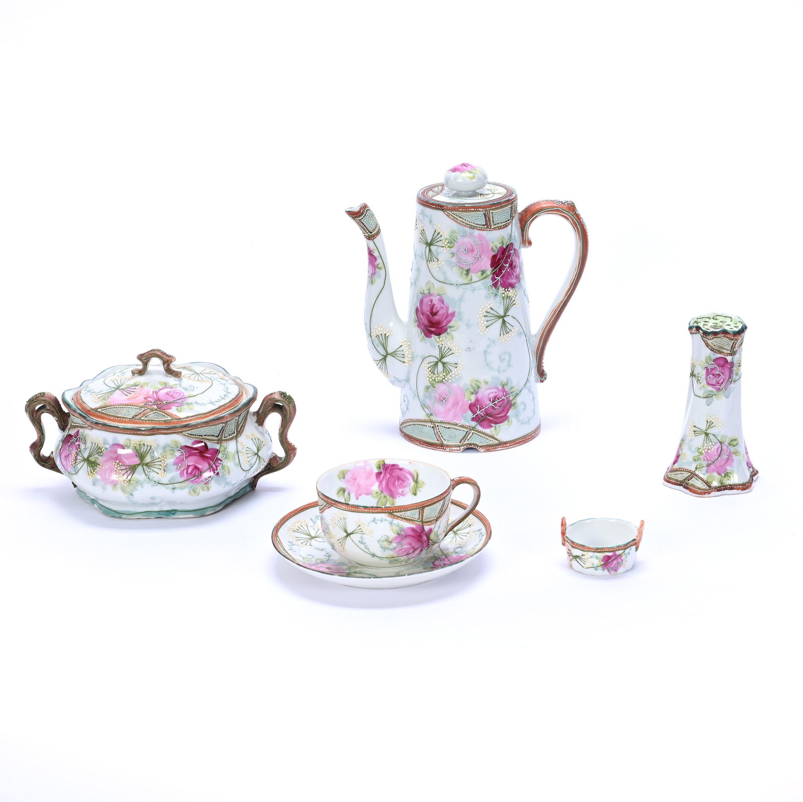 Table Set, Five Piece, Marked Nippon: Table Set, Five Piece, Marked Nippon, White With Pink Rose Decor, Green & Brown Border, Blue & Green Moriaga Overlay Highlights, (1) 8" x 7" x 4" Coffee Pot, (1) 4.25" x 7.5" x 6" Biscuit Jar, Two