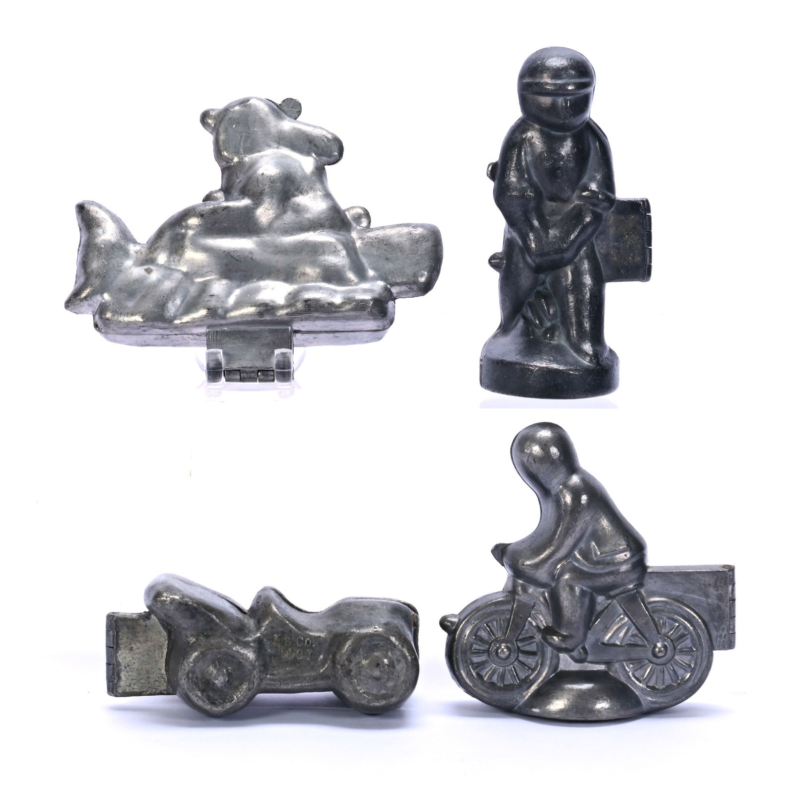 (4) Vintage Pewter Ice Cream Molds: (4) Vintage Pewter Ice Cream Molds, Designs Feature Bike Rider #551, Baseball Player #525, Automobile #1107, Native American #640, Longest Is 5.5", Widest Is 4.5", Deepest Is 2.25", 3.9 Pounds, Dr.