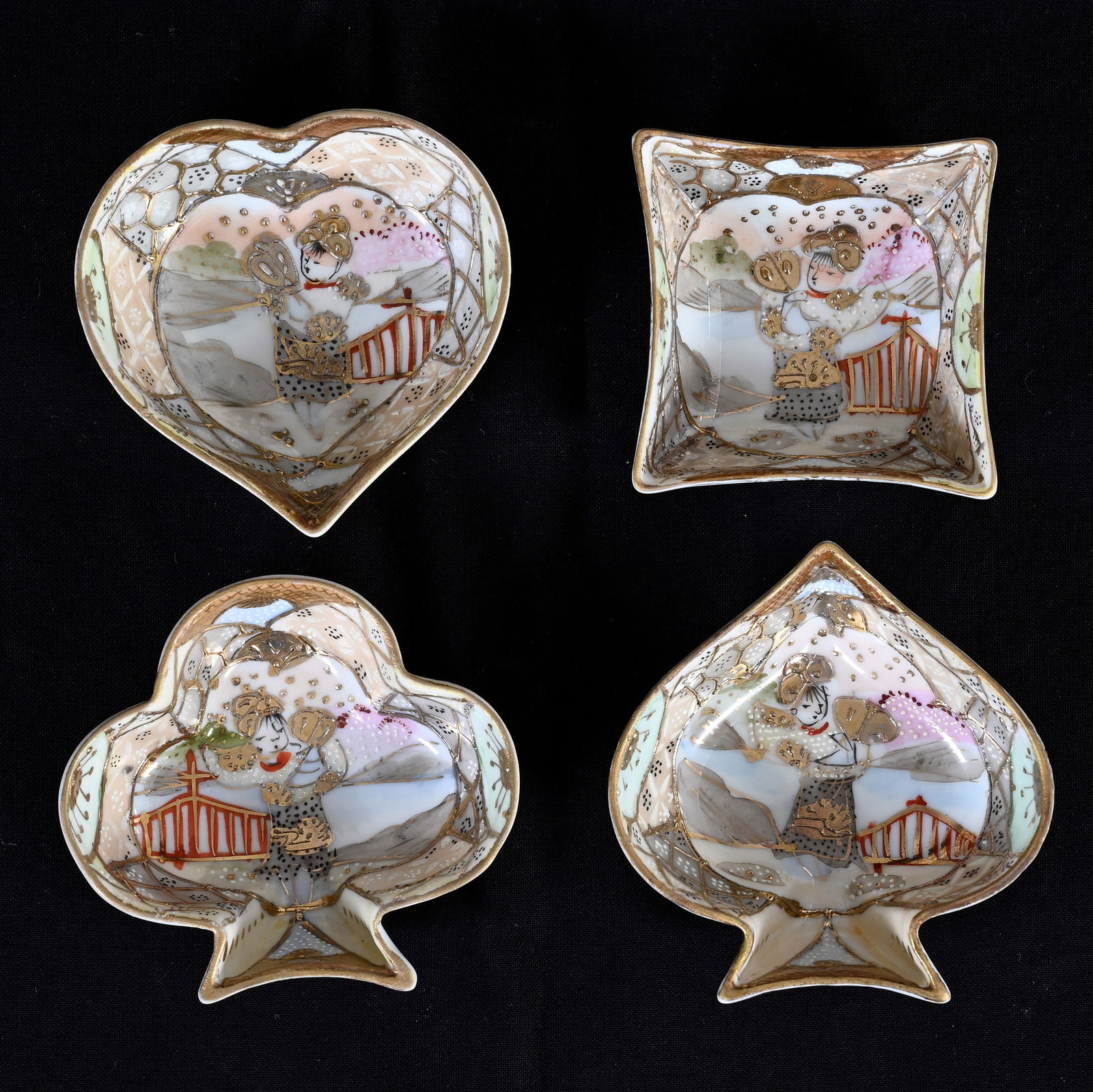 Bridge Set, Four Piece, Marked Royal Satsuma Nippon: Bridge Set, Four Piece, Marked Royal Satsuma Nippon, 0.75 x 2.75 x 2.75 Inches, Classic Oriental Design, 0.3 Pounds, Dr. Harold & Audrey Eklund Estate, Iowa.
