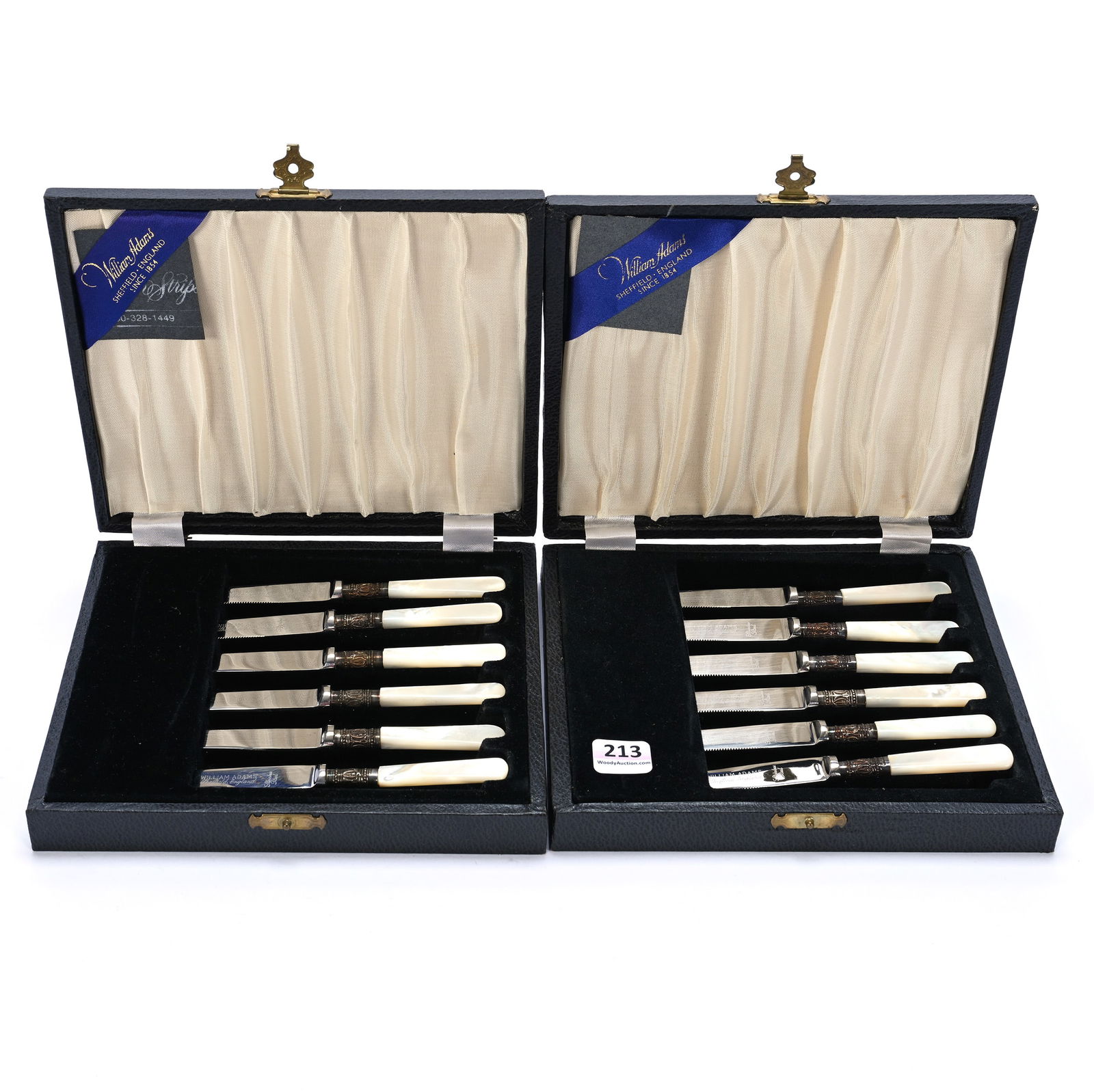 (12) Fruit Knives In Two Cases, Silverplate Blades, Sterling Collars, Mother Of Pearl Handles: (12) Fruit Knives In Two Cases, Silverplate Blades, Sterling Collars, Mother Of Pearl Handles, 1.25 x 7.5 x 6.25 Inches, Marked William Adams Sheffield England, 1.8 Pounds, Dr. Harold & Audrey Eklund