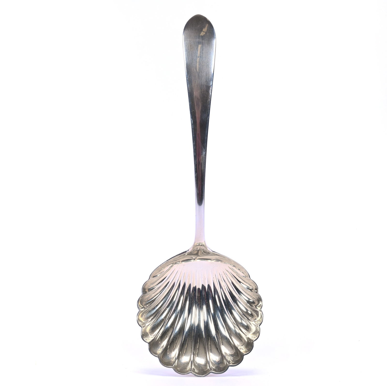 Solid Sterling Silver Serving Spoon Marked S. Kirk & Sons: Solid Sterling Silver Serving Spoon Marked S. Kirk & Sons, 9.25 x 3.25 x 1.5 Inches, Bowl In Form Of Shell, 128.0 Grams, Dr. Harold & Audrey Eklund Estate, Iowa.